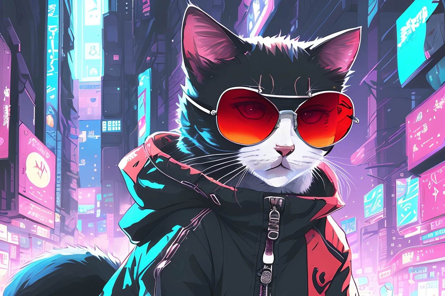 Cute anthropomorphic cat ninja in sunglasses and red jacket, epic anime style, Persona 5 WLOP Art Style, author: Hyponytail, furry art, detailed anime character art, Elements of cyberpunk, Popular anime-inspired 4K artwork on pixiv and art stations.Cat in a cyberpunk suit、dandy