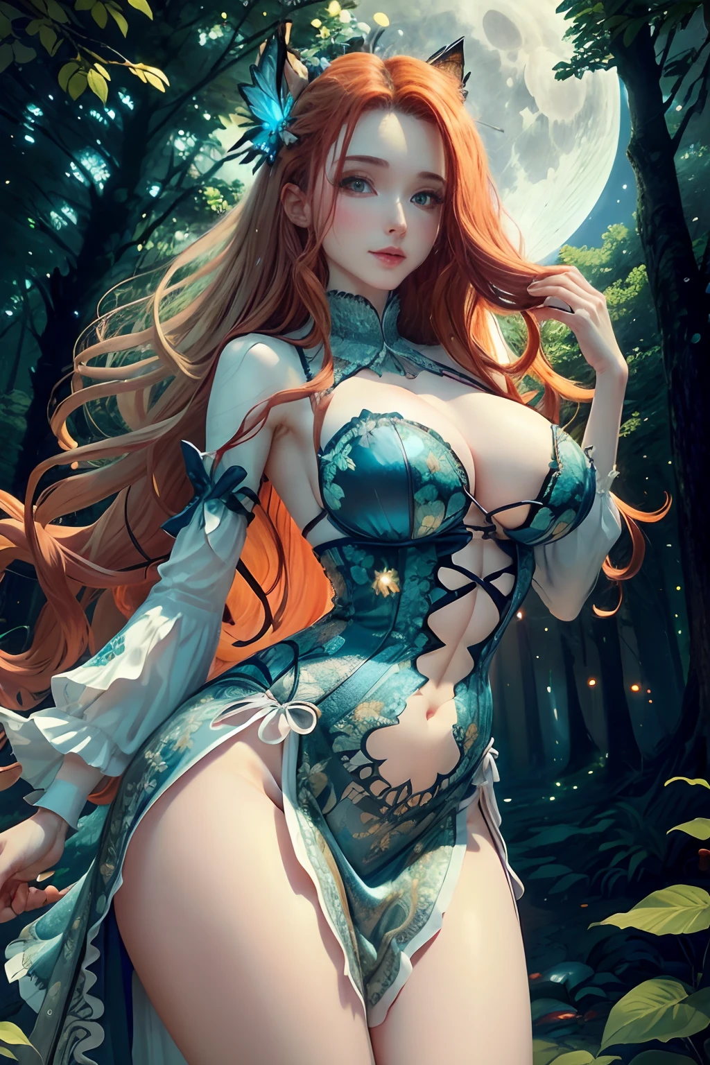 Masterpice, 4k quality, Beauty, long hair and waist, red hair, graceful curves,big breasts, sexy body, beautiful face, dress frills, embroidery, print, sleeves, lace, late night, blue night, forest, tall old trees, jungle, white wolf, blue glowing small flowers, moon, starry sky, glowing butterfly, glowing firefly,...