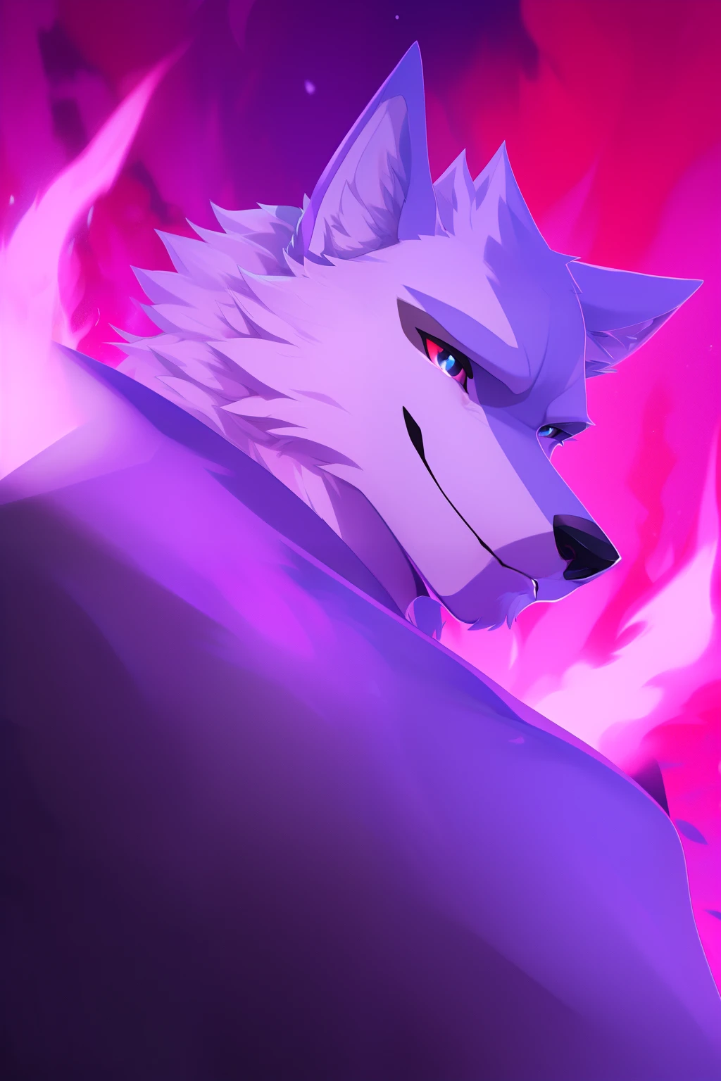 best quality, highres:1.2), cartoon art, detailed fur, intense eyes, mysterious shadows, night scene, (epic purple fire illuminating in background), wolf, death character, face shot close-up, 3d color lineart, beautifull face,(fire color degraded with pink purple and black)