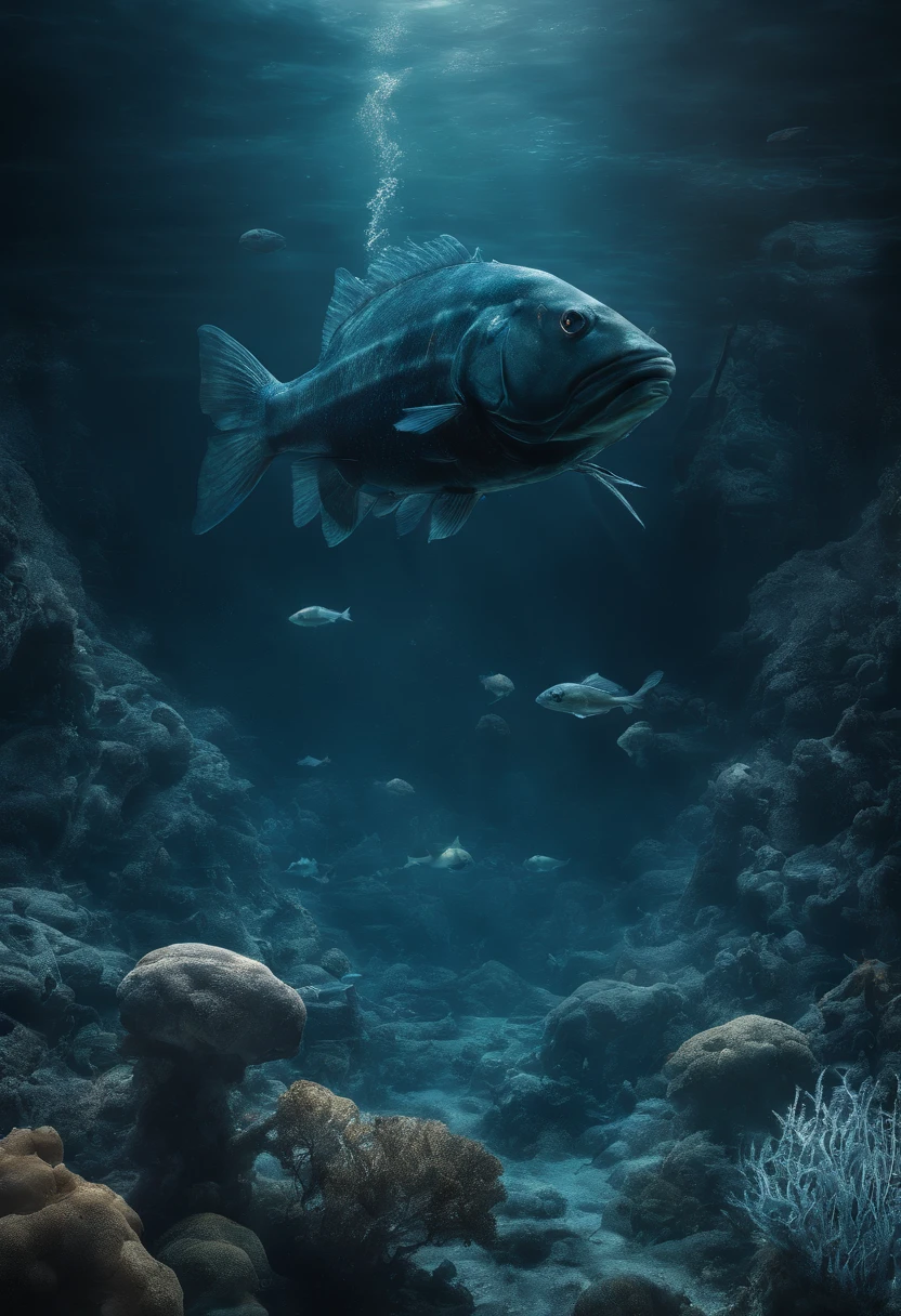 (big zander underwater),(best quality,ultra-detailed,realistic),underwater photography,clear blue water,lush underwater plants,colorful coral reefs,tropical fish swimming gracefully,big zander fish lurking in the shadows,sparkling sunlight piercing through the water surface,scattered bubbles adding a sense of movement,dimly lit underwater cave in the background,vibrant colors illuminating the scene,faint rays of light enhancing the mystery and beauty of the underwater world.