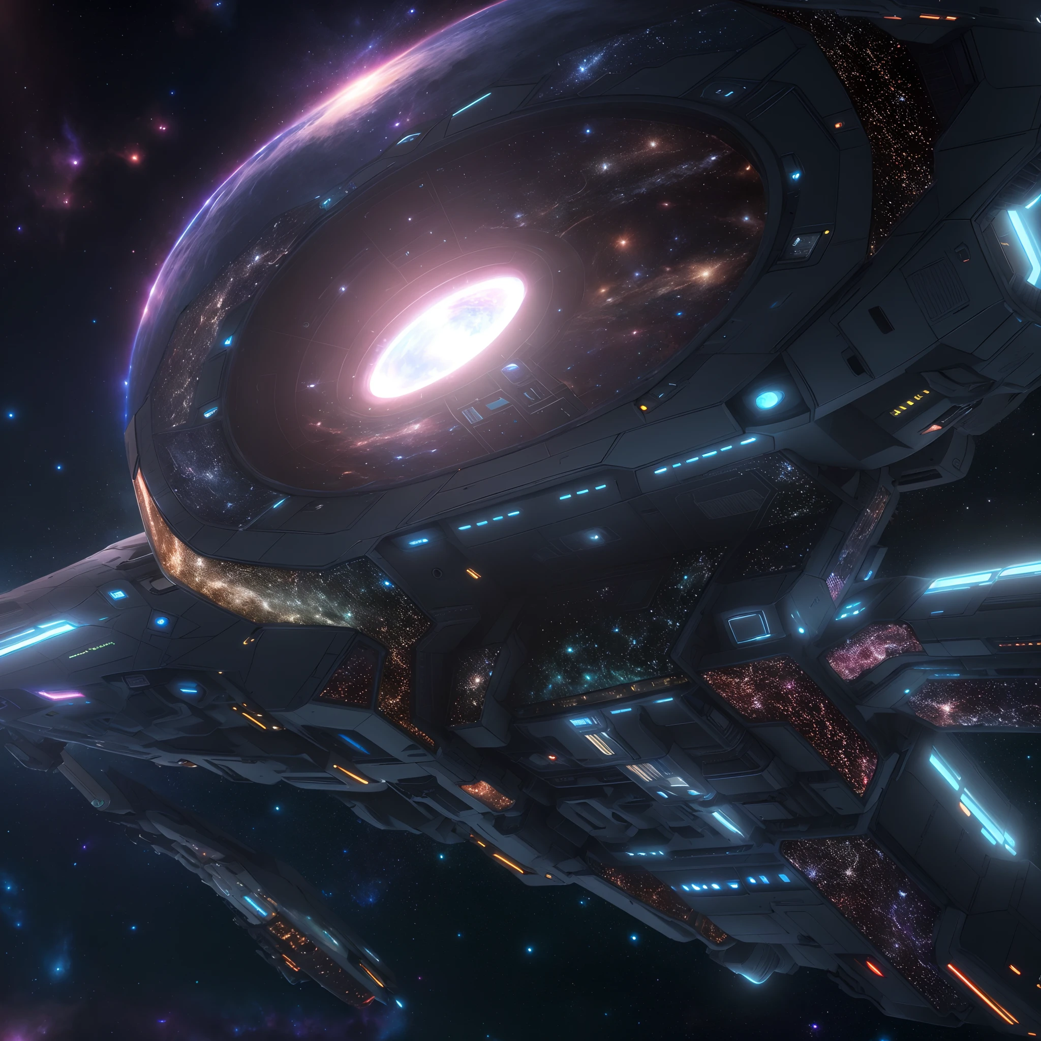 A huge spaceship,full bodyesbian，Solo，Spaceships in the Avengers，seen from outside，(multiple lighting sources:1.5),Detailed hull details,Cosmic galaxy background,Escaped spaceship,((Best quality)), ((Masterpiece)), (Epic composition:1.2), (unreal 5 render:1.1)