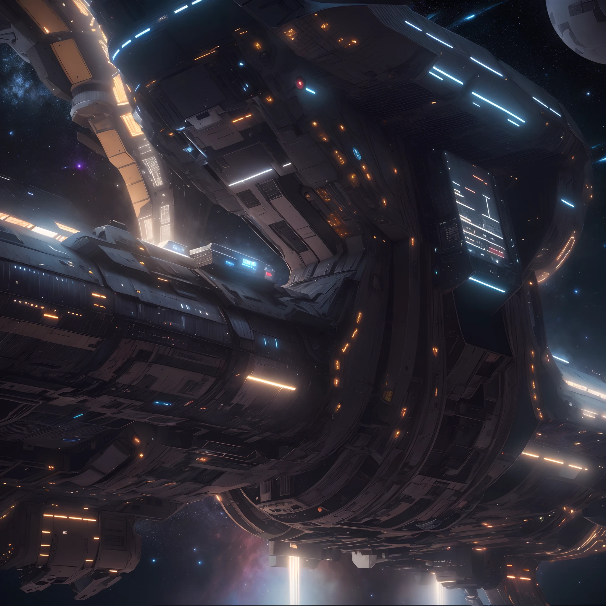 A huge spaceship,full bodyesbian,Solo,Spaceships in the Avengers,seen from outside,(multiple lighting sources:1.5),Detailed hull details,Cosmic galaxy background,Escaped spaceship,((Best quality)), ((Masterpiece)), (Epic composition:1.2), (unreal 5 render:1.1)