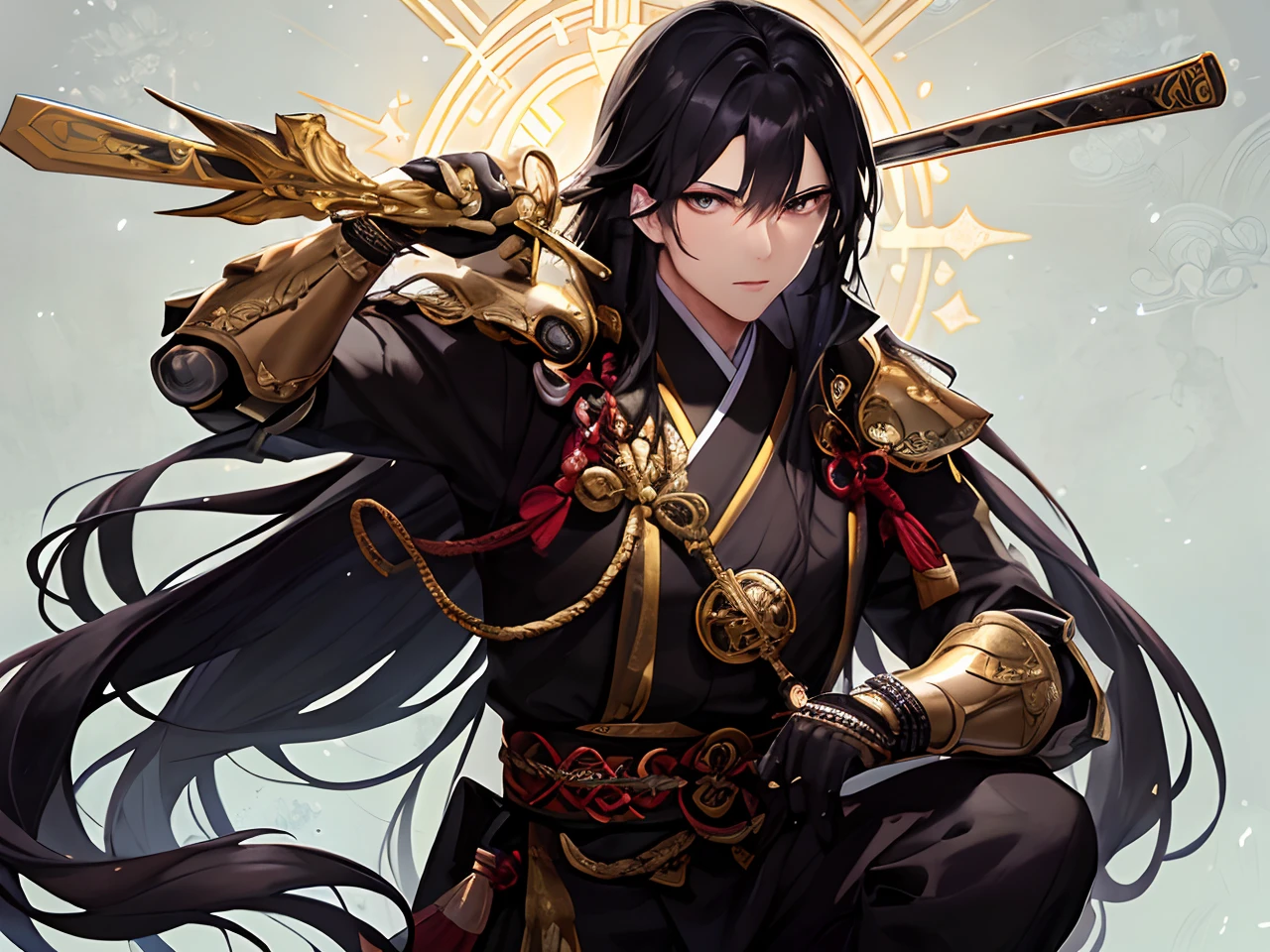 superfine illustration, very detailed beautiful face and eyes, Dynamic Angle, Head-to-knee display, Man Standing In A Japanese-Style Room in Japan, Man in a strange pose, crystal clear skies, Wear black and gold armor, Handsome man with long black hair, Take a playful pose here, Please wear a helmet with golden decorations, The background is a Japanese-style cityscape, With a large Japan sword