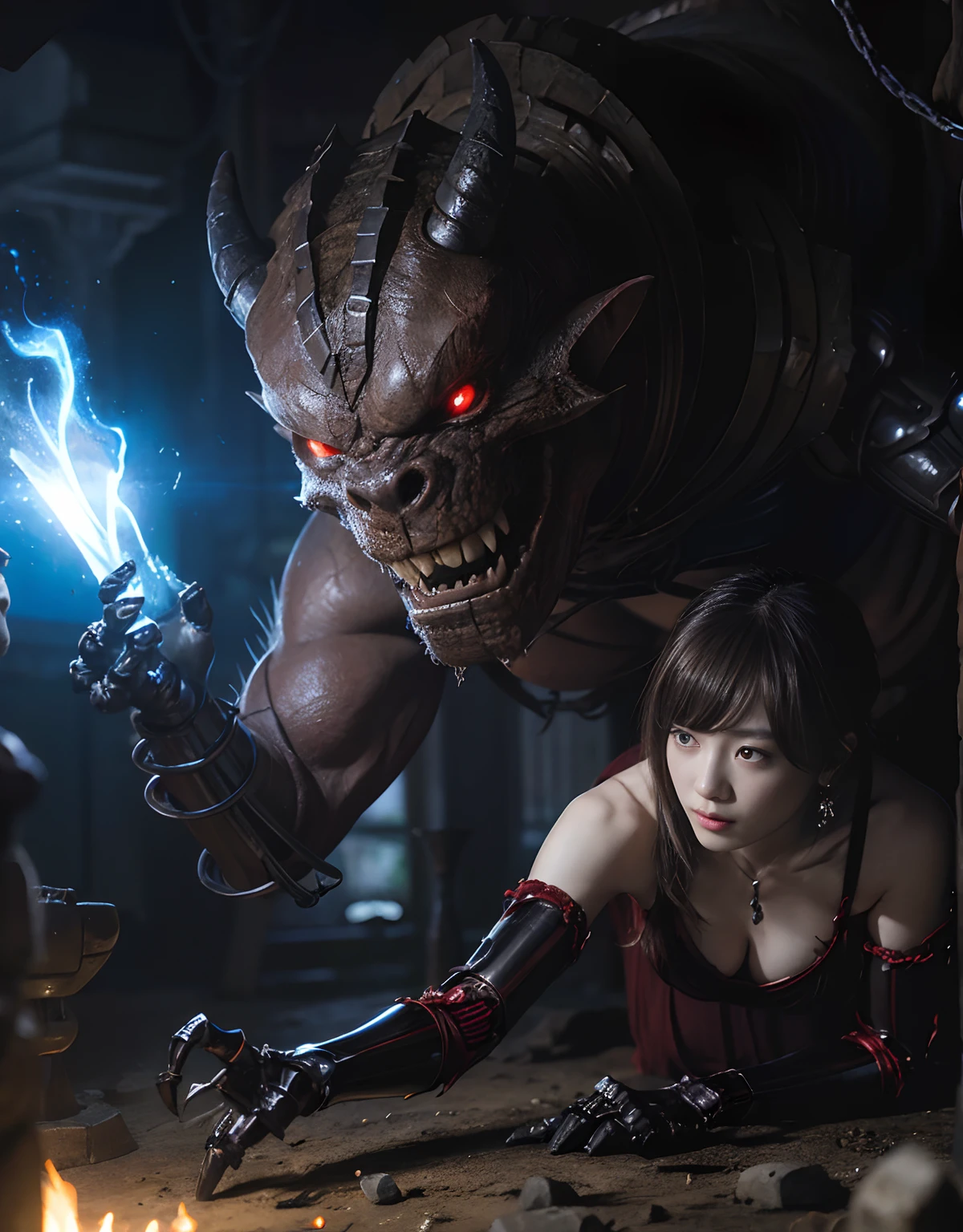 (One Knight Girl)、top-quality、masterpiece、超A high resolution、(Photorealsitic:1.4)、Raw photo、1人、Fight mutants、(Wear the Dark Knight's Armor)、glowy skin、(((Dark Fantasy)))、With a beautiful sword and shield、(Black Metal Bodysuit)、(Fight goblins、ogre、Fierce battle with orcs),(Fight fiercely against aliens)、Fight fiercely、(Skeleton collective background),(Background of decaying dungeon ruins)、(Skeleton helmet)、(Fighting Demonic Beasts)、(Small LED)、((super realistic details))、portlate、(Strong giant demon beast background),globalillumination、Shadow、octan render、8K、ultrasharp、Colossal tits、Raw skin is exposed in cleavage、metals、Details of complex ornaments、Japan details、highly intricate detail、Realistic light、(Mystical expression),CGSoation Trends、Red Eyes、radiant eyes、Facing the camera、neon details、(Mechanical limbs)、(blood vessels connected to tubes)、()、Gundam、Small LED、Toostock、(Fight aliens on another planet)、(Attack of the Monster Beasts)、(Wounded in a deadly battle)、