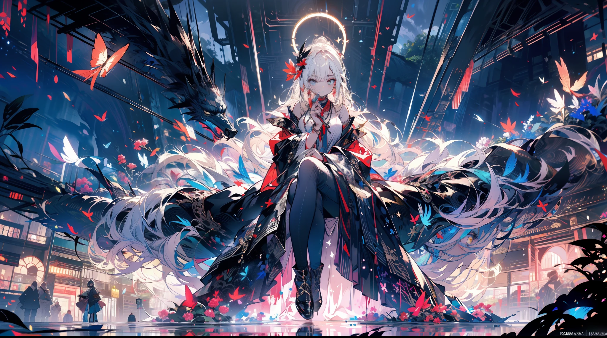 (((tmasterpiece))), (((best qualtiy)))), offcial art, the Extremely Detailed CG Unity 8K Wallpapers, ((sketching))), the night, Sateen, Beautiful detailed sky, intricate outfits,Gorgeous costumes,beautiful detailed water, GameCG, hugefilesize, sketching, 独奏, Girl,angelicales, long whitr hair, whaite hair, Wet hair, hair between eye, Hair behind the ears, white colored eyelashes, beatiful detailed eyes, expressionless eyes, yellow eyes, half closed eyes, shoe, The halo, Cross necklace, looking-down, Squat,blown hair, Feather ornament, leaf hair ornament, ln the forest, by lake, ((Bigchest))), (((golden robes))), longer sleeves, bandagens, Black silk eye patch, elvish ears, (((Golden wings))),A giant phoenix,Phoenix wings,holy rays