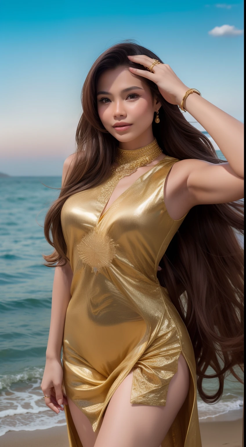 Capture a carefree and bohemian-inspired portrait of the Malay woman on a beach, long golden brown hair, wavy hair with bangs, wearing a flowing outfit, and striking a relaxed, sun-kissed pose against the sea and sky.