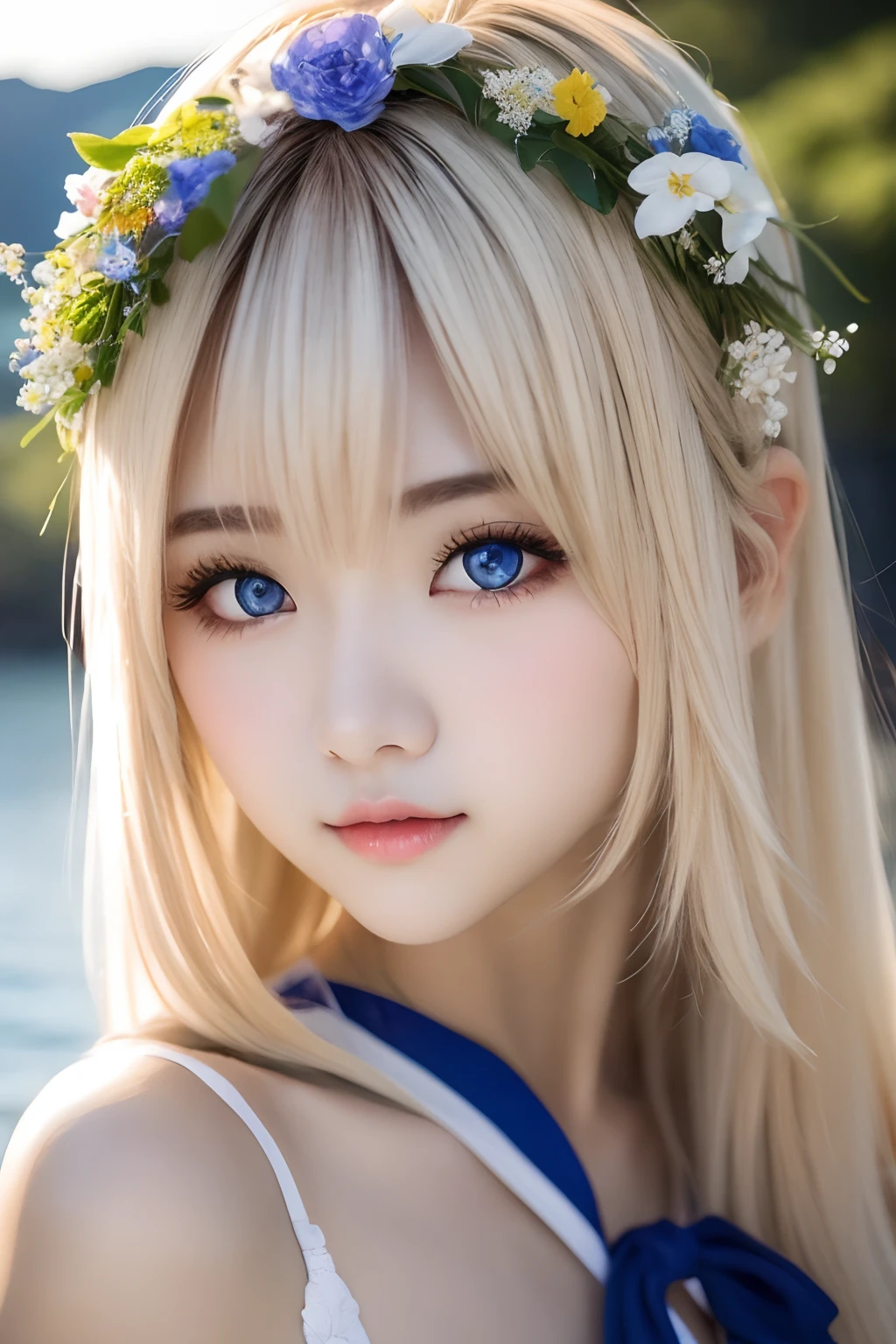 20-year-old woman in Ukrainian costume、Corolla wreath blue eyes with a wreath on the head、Blue eyes on background、a river、blue open sky、Realistic illustration of bright sunset in the afternoon、1人の女性、blue-sky、Bright and very beautiful face、年轻, shiny white shiny skin、Best Looks、Blonde hair with dazzling light reflection、Beautiful blonde hair with shiny gloss and super long silky straight hair、Long bangs、Extraordinarily beautiful ************、Big eyes that shine crystal clear light blue、Beautiful lovely beautiful girl