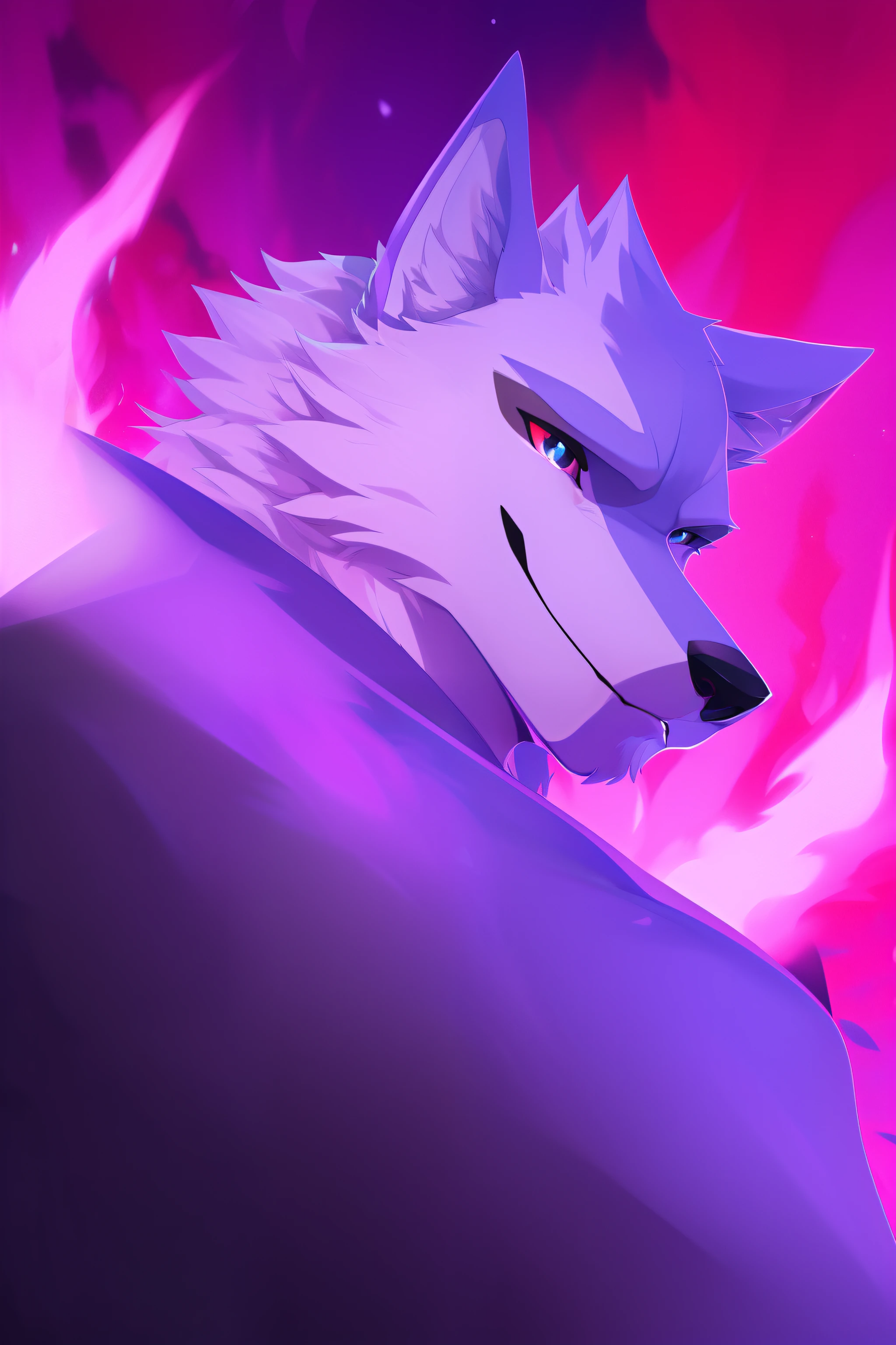 best quality, highres:1.2), cartoon art, detailed fur, intense eyes, mysterious shadows, night scene, (epic purple fire illuminating in background), wolf, death character, face shot close-up, 3d color lineart, beautifull face,(fire color degraded with pink purple and black)
