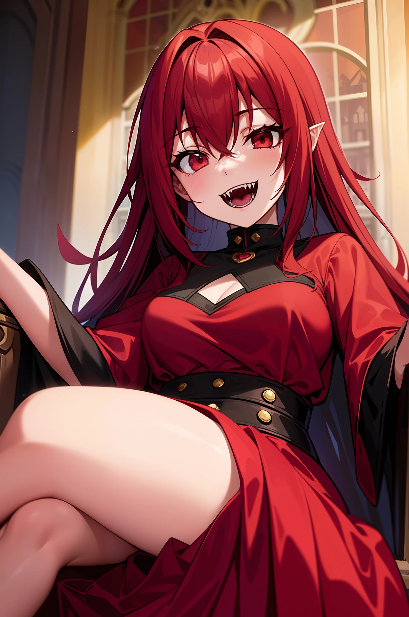 Anime vampire girl wearing a red and black princess dress, Red hair with black locks, red eyes, and sharp fangs, She sits in her old castle., laughing, With thick hair.