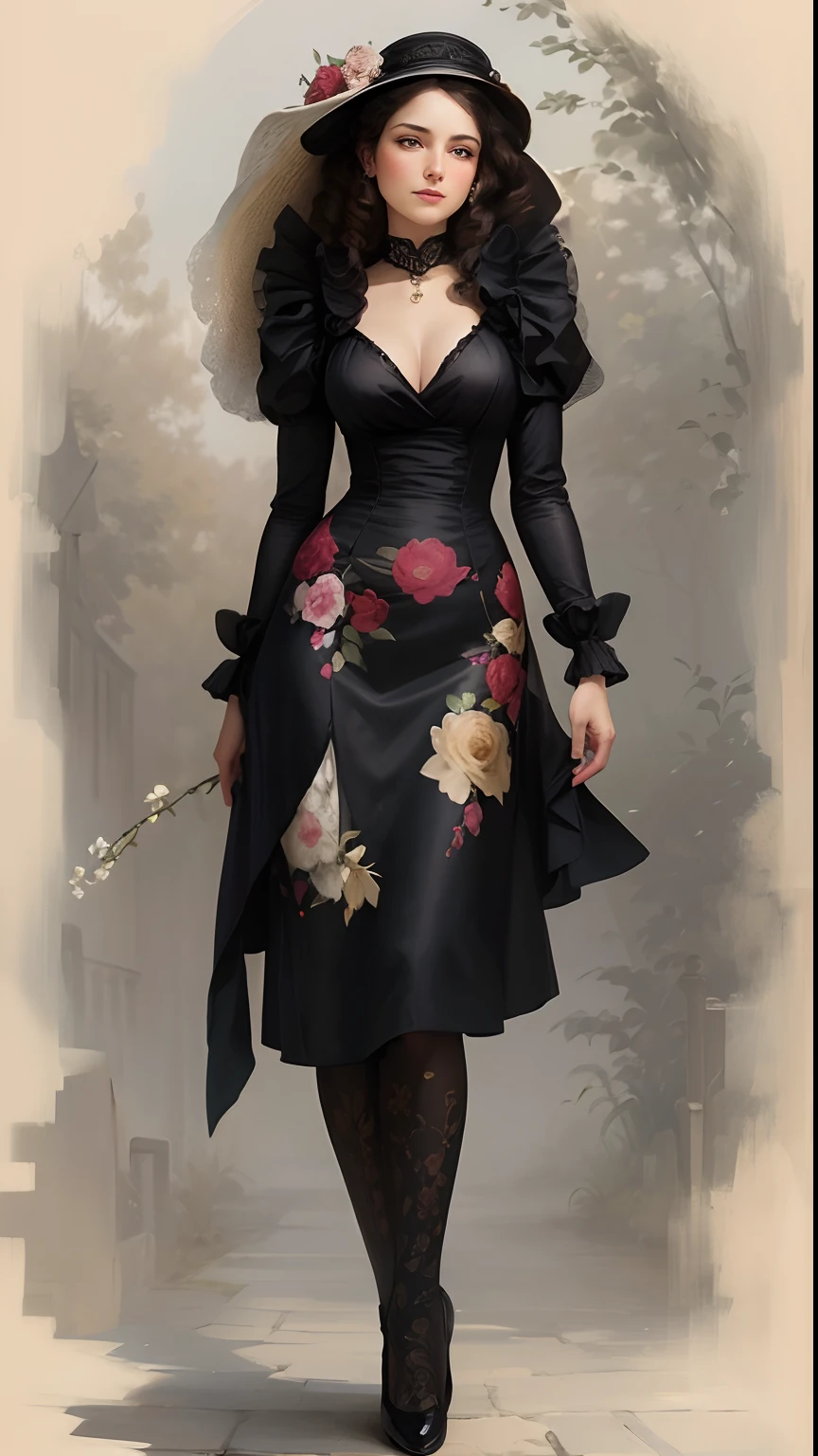 Transport yourself to a bygone era with this exquisite prompt. Imagine a beautiful lady, elegantly posed in a garden, wearing a large floral hat that adds a touch of whimsy to the scene. The fine art painting captures every detail of her attire and surroundings, bringing the 1900s to life in vivid color and style.
