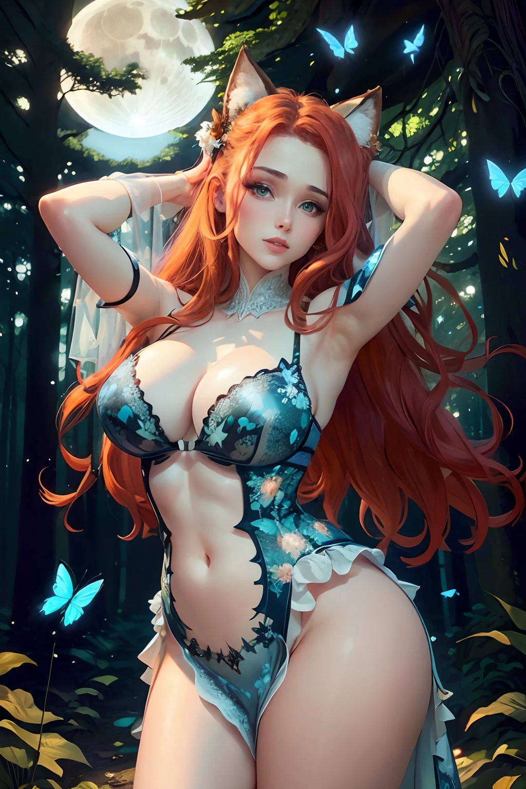 Masterpice, 4k quality, Beauty, long hair and waist, red hair, graceful curves,big breasts, sexy body, beautiful face, dress frills, embroidery, print, sleeves, lace, late night, blue night, forest, tall old trees, jungle, white wolf, blue glowing small flowers, moon, starry sky, glowing butterfly, glowing firefly,...