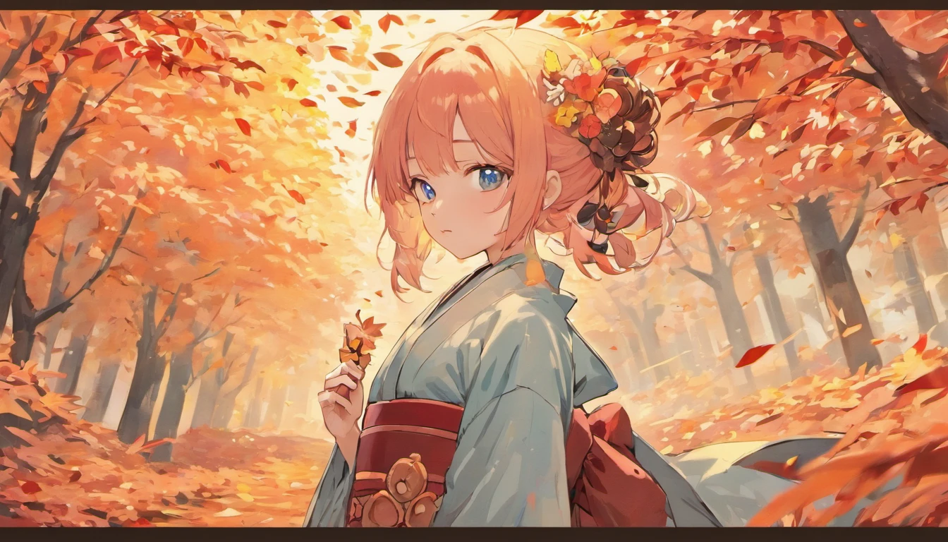 3 girls go to the fuji kawaguchiko autumn festival, wearing kimonos, best quality ,highly detailed, masterpiece, ultra-detailed, one is looking at the falling autumn leaves, the other two are talking, laughing with each other, one person with iridescent blue eyes, long white hair, holding a traditional Japanese umbrella, one person with blue-violet eyes, long light pink hair tied with a flower-shaped hairpin, one person with harmonious red eyes, shiny black hair, holding a small hand fan. autumn leaves scene, 4k ultra.