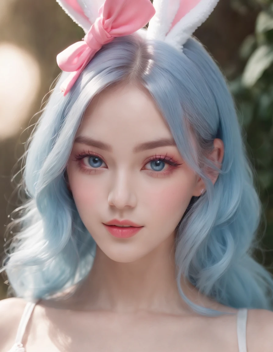 (Best quality:1.3),4K,8K,8K portrait,16 k,(masutepiece:1.2),1girl in,Solo,(Maximalism:1.5),opals,ultra - detailed,absurderes,(Very detailed beautiful face and eyes:1.3), (Beautiful hair details:1.3),Delicate composition, (full bodyesbian:1.5),(full-length figure:1.5), Super cute girl,(Medium hair:1.4),Pink eyes,Light blue eyes,(Pink hair:1.2),(Light blue hair:1.4),(a playboy bunny:1.6),(Jewelry hair accessories:1.3), (jewelry eyes:1.3),(eyeslashes:1.2),(symbol in eyes:1.3),(A high resolution, Twinkle,glitters,Lens flare,light particules,Shining:1.3),(Cute:1.5)