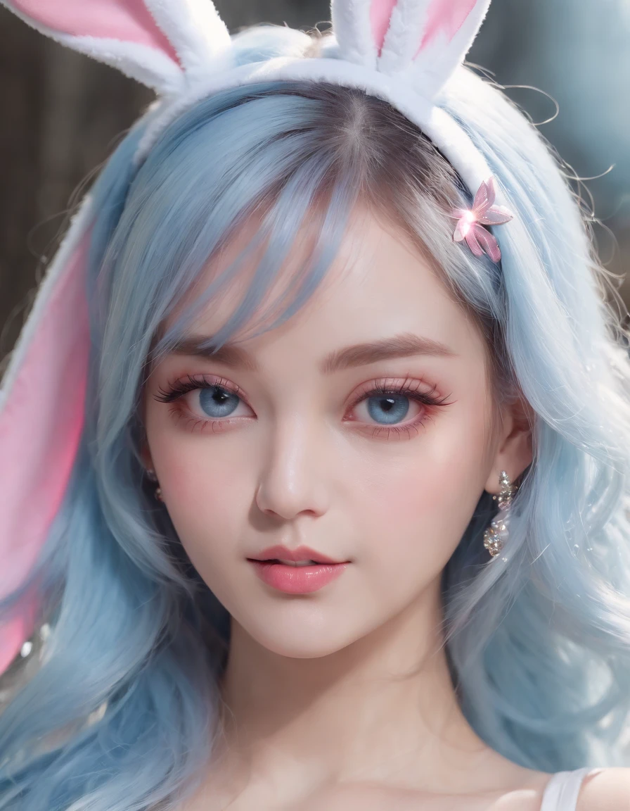 (Best quality:1.3),4K,8K,8K portrait,16 k,(masutepiece:1.2),1girl in,Solo,(Maximalism:1.5),opals,ultra - detailed,absurderes,(Very detailed beautiful face and eyes:1.3), (Beautiful hair details:1.3),Delicate composition, (full bodyesbian:1.5),(full-length figure:1.5), Super cute girl,(Medium hair:1.4),Pink eyes,Light blue eyes,(Pink hair:1.2),(Light blue hair:1.4),(a playboy bunny:1.6),(Jewelry hair accessories:1.3), (jewelry eyes:1.3),(eyeslashes:1.2),(symbol in eyes:1.3),(A high resolution, Twinkle,glitters,Lens flare,light particules,Shining:1.3),(Cute:1.5)