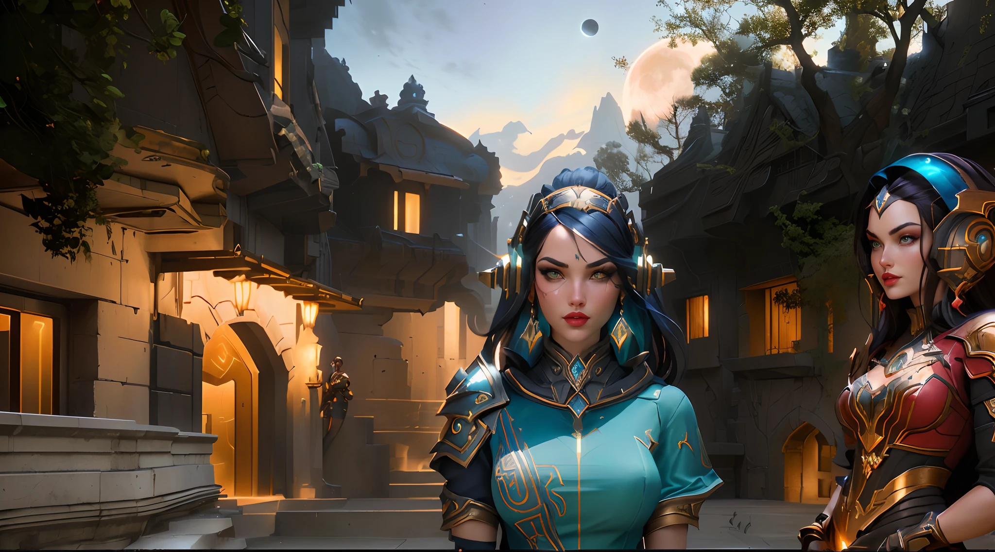 two women (Adriana Lima :1.1) red lips, green eyes in costumes standing in front of a building, at night with moon light and candle lights artgerm julie bell beeple, fantasy rpg symmetrical portrait, astri lohne, portrait of a female mage, fantasy concept art portrait, epic rpg portrait, stylized urban fantasy artwork, rpg portrait concept art, fantasy genre portrait, unreal 5. rpg portrait, Artstation contest winner