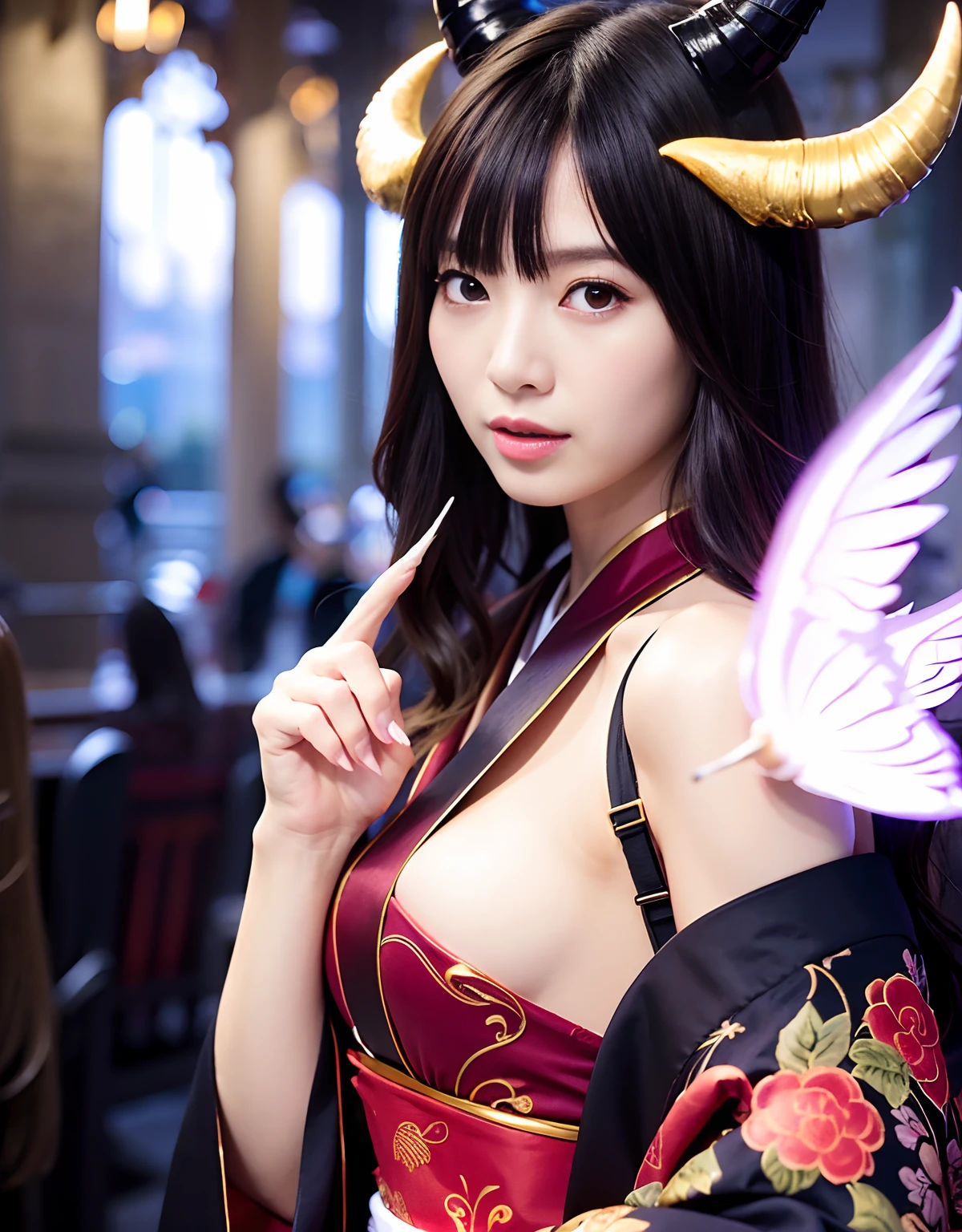((White ghost flies)),Professional , ​masterpiece、top-quality、photos realistic , depth of fields 、（Various poses）、(Background of cherry blossoms in full bloom),（Ultimate Beauty）、（A dark-haired）、（Fight ninjas)、Mystical expression、（Kimono with scary pattern）、（Night background）、（（Devil's Wings Grow））,(Wear a kimono with a horror pattern),Armpit、（Wearing a beautiful kimono with colorful scary patterns）、Jewel Gold Weapon、Particles of light),（Has a devil's mask）、Gorgeous gold weapons ,Skeleton population、（（ Gorgeous Dragon Sword）） , （a dark night）,,（White ghost flies） 、（（Black Haired Beautiful Girl））、（Castle background）、（demonic wings）、（（Gangle's forest background））、Beautiful Caucasian beauty、１a person、dynamic ungle,(((Two devil's horns on the head)))、Smaller head、Idle Smile、Thin and beautiful female hands、Mystical expression、Light Effects、intense fighting、Wind-effect、magic circles、With the legendary magic wand、Dragon's tail、