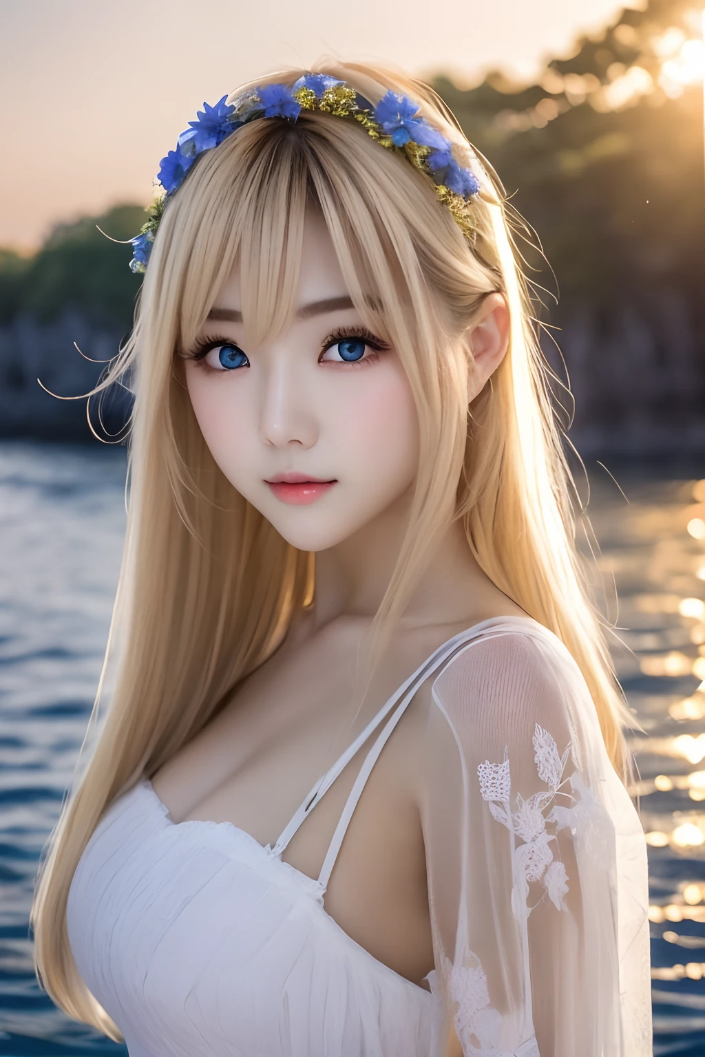 20-year-old woman in Ukrainian costume、Corolla wreath blue eyes with a wreath on the head、Blue eyes on background、a river、blue open sky、Realistic illustration of bright sunset in the afternoon、1人の女性、blue-sky、Bright and very beautiful face、年轻, shiny white shiny skin、Best Looks、Blonde hair with dazzling light reflection、Beautiful blonde hair with shiny gloss and super long silky straight hair、Long bangs、Extraordinarily beautiful ************、Big eyes that shine crystal clear light blue、Beautiful lovely beautiful girl