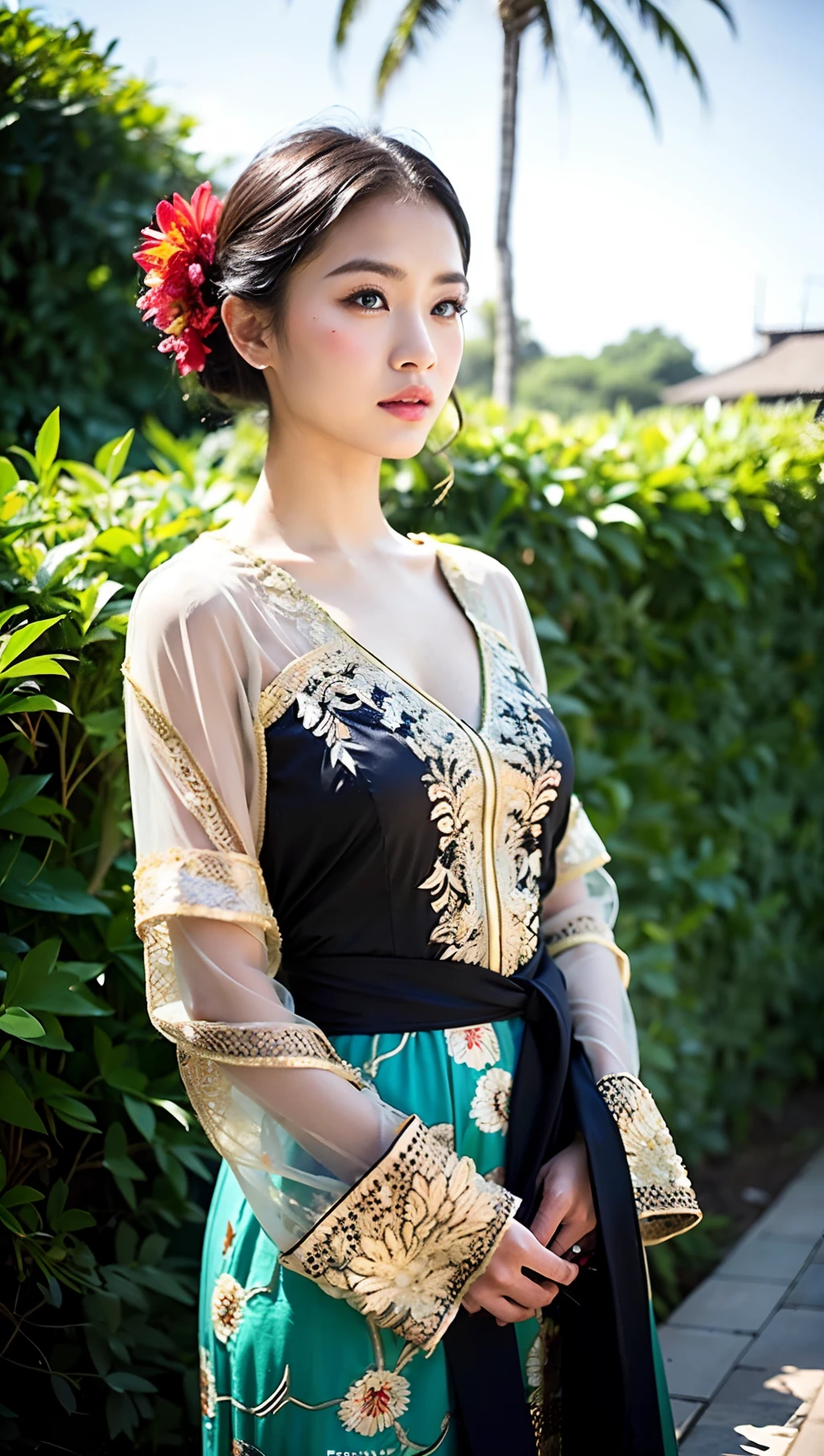 Create an AI image of a European girl with blue eyes wearing an Indonesian kebaya in a full body pose. Make sure that the girl's face depicts European features such as an oval face shape, a thinner nose, and full lips. Give long hair an elegant style such as crimped or tied back. Choose an Indonesian kebaya with striking colors and motifs, such as a red kebaya with a floral motif or a yellow kebaya with a batik motif. Make sure the kebaya has accurate details such as fabric pleats and lace decoration. Add accessories such as a bun or headdress that matches the kebaya. place this European girl in a background that reflects Indonesian culture, such as a garden with coconut trees or a Balinese temple