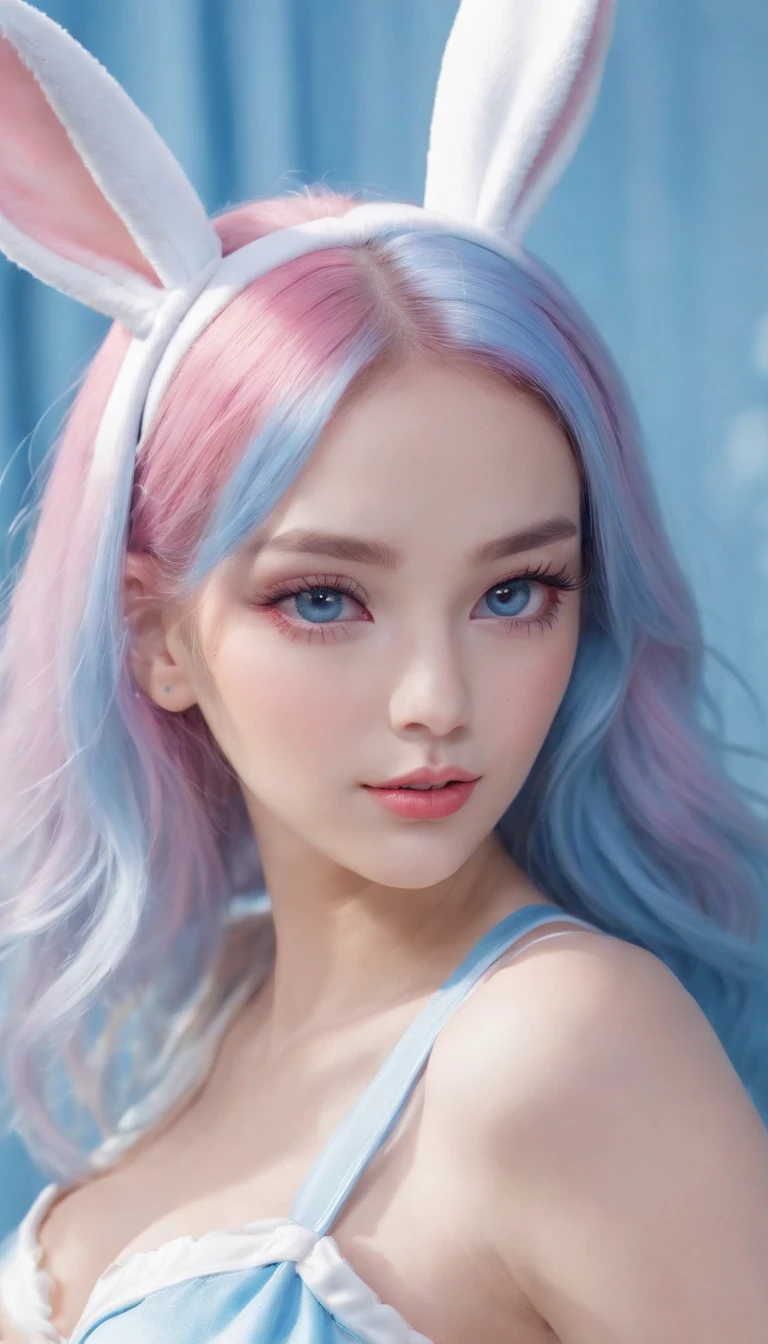 (Best quality:1.3),4K,8K,8K portrait,16 k,(masutepiece:1.2),1girl in,Solo,(Maximalism:1.5),opals,ultra - detailed,absurderes,(Very detailed beautiful face and eyes:1.3), (Beautiful hair details:1.3),Delicate composition, (full bodyesbian:1.5),(full-length figure:1.5), Super cute girl,(Medium hair:1.4),Pink eyes,Light blue eyes,(Pink hair:1.2),(Light blue hair:1.4),(a playboy bunny:1.6),(Jewelry hair accessories:1.3), (jewelry eyes:1.3),(eyeslashes:1.2),(symbol in eyes:1.3),(A high resolution, Twinkle,glitters,Lens flare,light particules,Shining:1.3),(Cute:1.5)