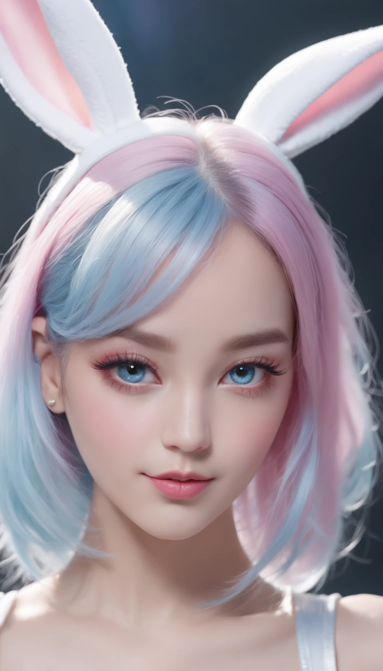 (Best quality:1.3),4K,8K,8K portrait,16 k,(masutepiece:1.2),1girl in,Solo,(Maximalism:1.5),opals,ultra - detailed,absurderes,(Very detailed beautiful face and eyes:1.3), (Beautiful hair details:1.3),Delicate composition, (full bodyesbian:1.5),(full-length figure:1.5), Super cute girl,(Medium hair:1.4),Pink eyes,Light blue eyes,(Pink hair:1.2),(Light blue hair:1.4),(a playboy bunny:1.6),(Jewelry hair accessories:1.3), (jewelry eyes:1.3),(eyeslashes:1.2),(symbol in eyes:1.3),(A high resolution, Twinkle,glitters,Lens flare,light particules,Shining:1.3),(Cute:1.5)