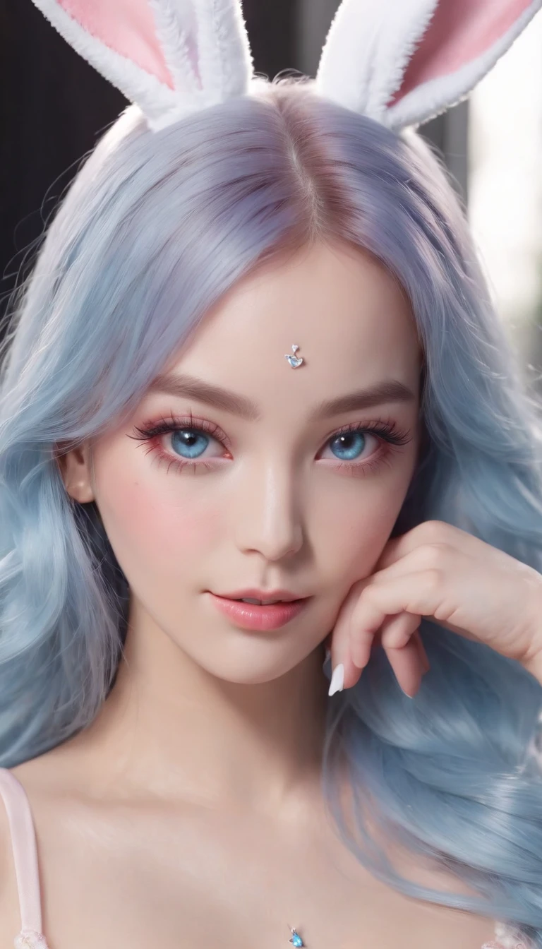 (Best quality:1.3),4K,8K,8K portrait,16 k,(masutepiece:1.2),1girl in,Solo,(Maximalism:1.5),opals,ultra - detailed,absurderes,(Very detailed beautiful face and eyes:1.3), (Beautiful hair details:1.3),Delicate composition, (full bodyesbian:1.5),(full-length figure:1.5), Super cute girl,(Medium hair:1.4),Pink eyes,Light blue eyes,(Pink hair:1.2),(Light blue hair:1.4),(a playboy bunny:1.6),(Jewelry hair accessories:1.3), (jewelry eyes:1.3),(eyeslashes:1.2),(symbol in eyes:1.3),(A high resolution, Twinkle,glitters,Lens flare,light particules,Shining:1.3),(Cute:1.5)