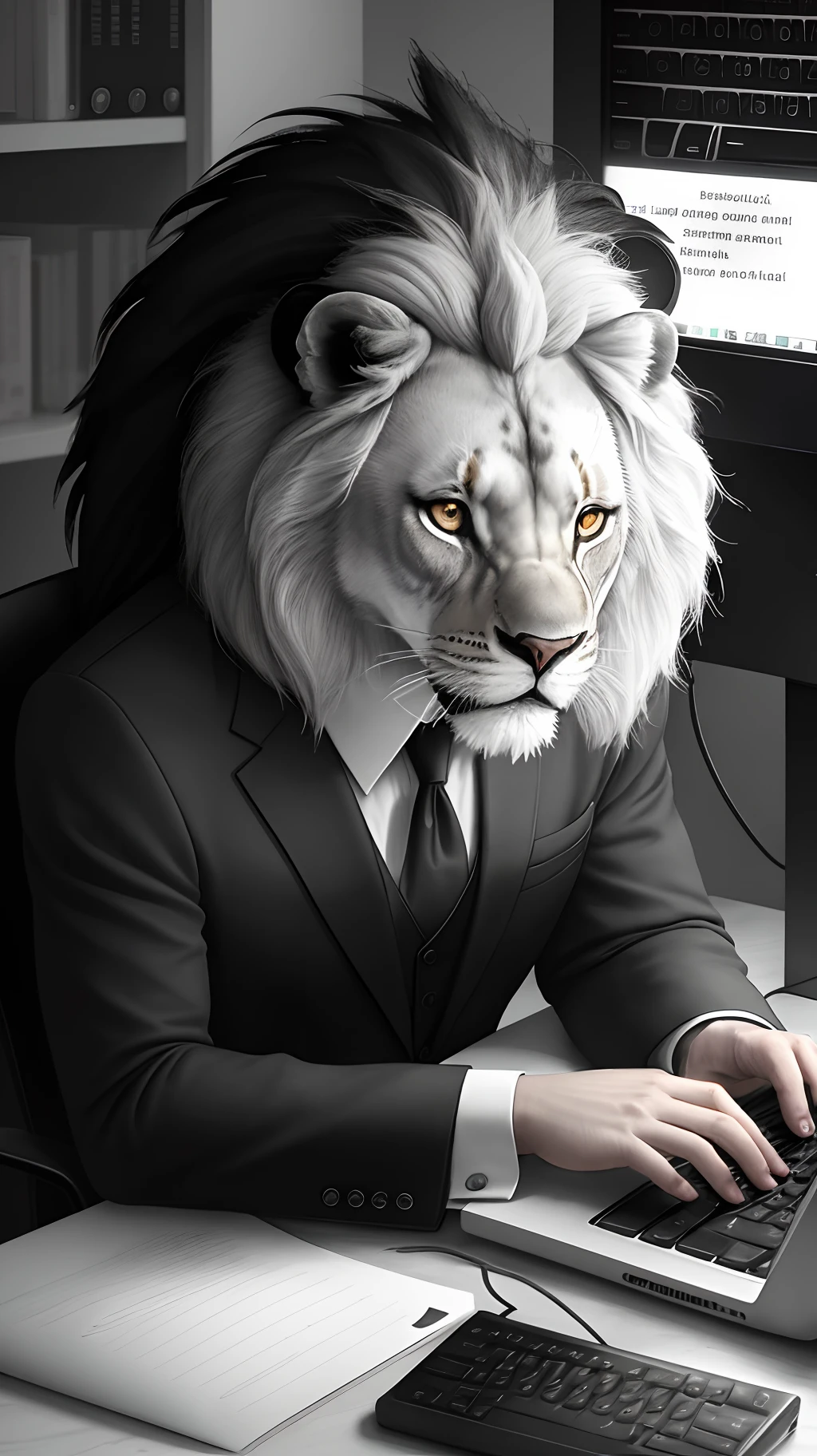 Create an illustration,Programmer in the form of a lion.Works at the computer,in a formal black and white suit ,In Gasltuk.Hands on the keyboard.Visible Monitor,There's a phone on the table