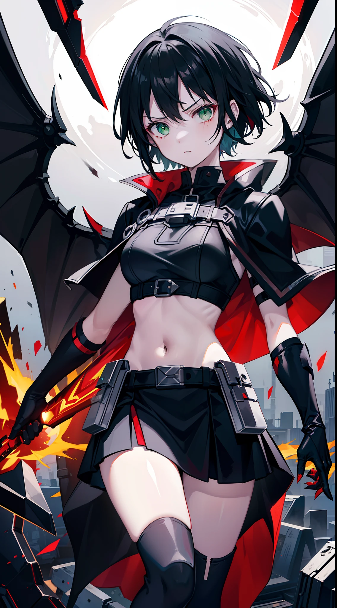 young girl, Short black hair, Green eyes, angry, superhero, Spawn, hell, Black costume, White Elements, red chestcoat, circuits, hiquality, 4k, HD, Good detail