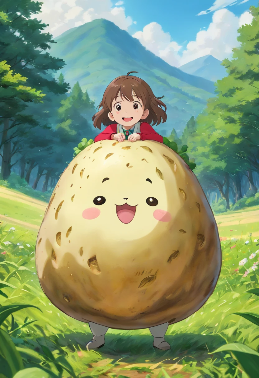 (best quality,4k,8k,highres,masterpiece:1.2),ultra-detailed,(realistic,photorealistic,photo-realistic:1.37),potato with human features,bright and sunny field,expanding forest and mountains in the distance,potato person with uplifted hands and an innocent smile