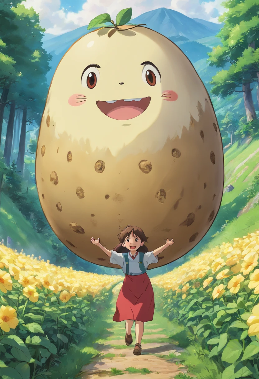 (best quality,4k,8k,highres,masterpiece:1.2),ultra-detailed,(realistic,photorealistic,photo-realistic:1.37),potato with human features,bright and sunny field,expanding forest and mountains in the distance,potato person with uplifted hands and an innocent smile