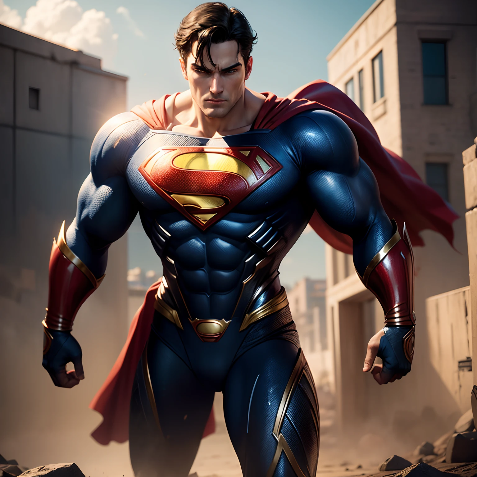Superman warriors in realistic 4K armor, full entire body,Super Detailed, Vray Display, Unrealistic engine, Midjourney Art Style.