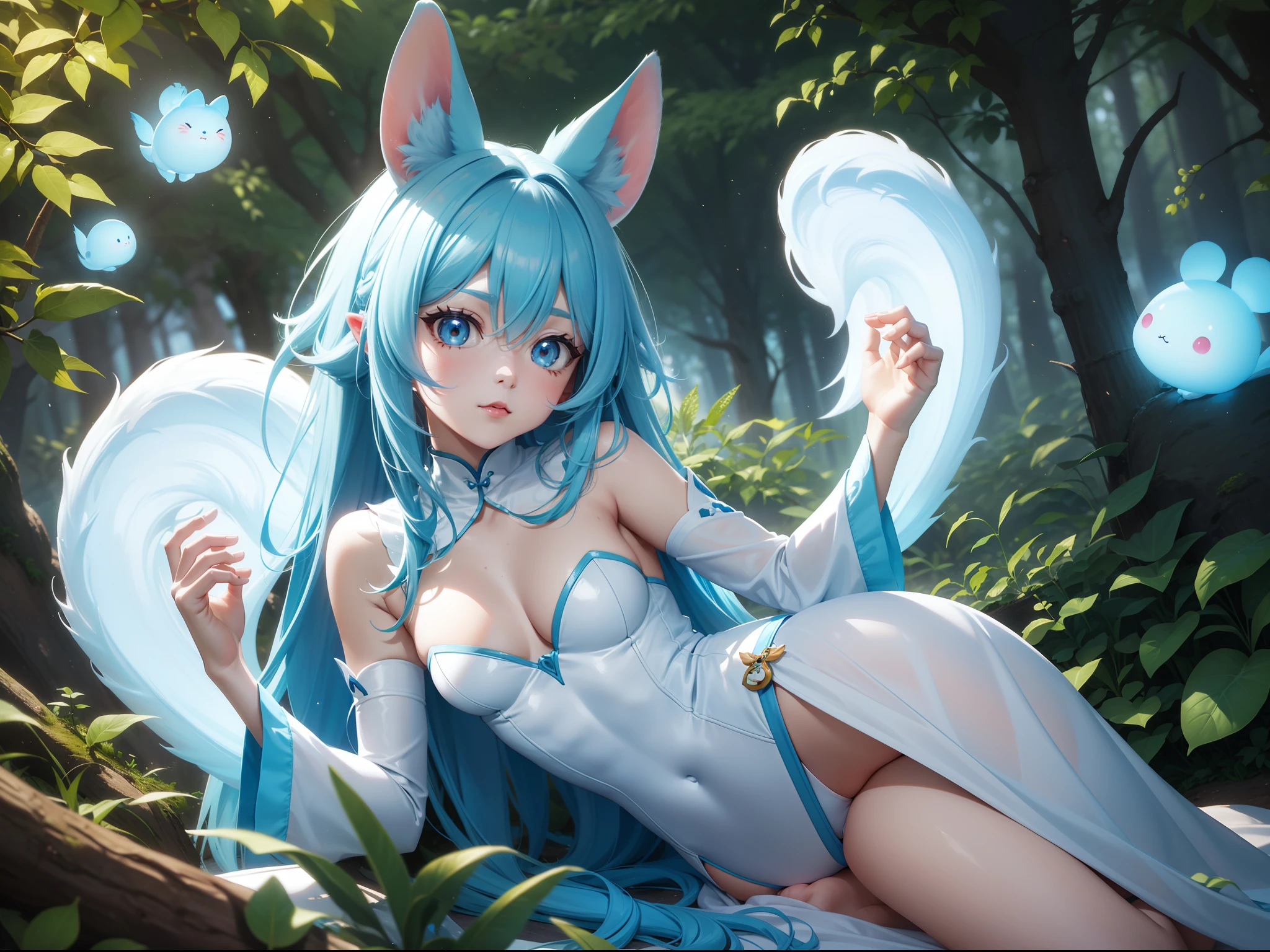 In the forest on Halloween、There is a small white rabbit with long ears, White long ears、I'm with a pretty girl with long blue hair。It is a cute and sexy leotard in white and blue。white panty Dark eyes。cute forest creature, Cute mushrooms also grow、Everyone is celebrating Halloween Adorable Digital Painting, cute detailed digital art, the squirrel king, Cute digital art, cute cartoon characters, cute character, CuteCreatures, Cutie, official illustrations, Official art, squirrel, maplestory mouse, astri lohne, cute 3d render