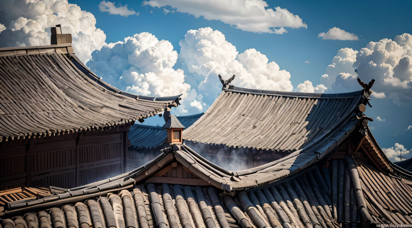 Side 32K,exteriors,the roof,People are small(tmasterpiece,k hd,hyper HD,32K)32K(tmasterpiece,k hd,hyper HD,32K)Long flowing black hair,zydink, a color, patriot (废墟), (Linen batik scarf)faceted