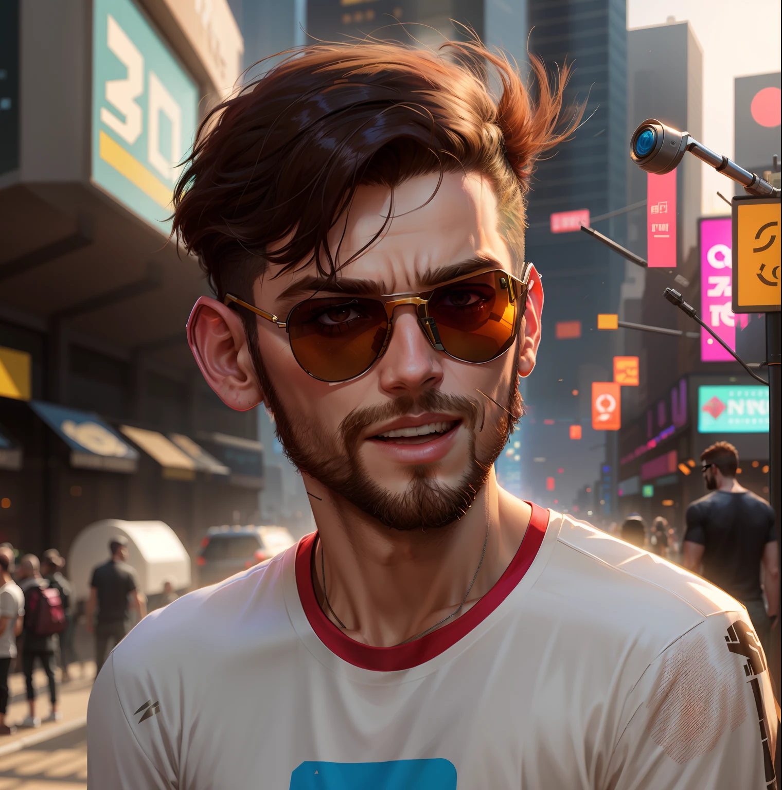 Change background to cyberpunk , tshirt change into shirt, remove beard, change sunglasses, close mouth,