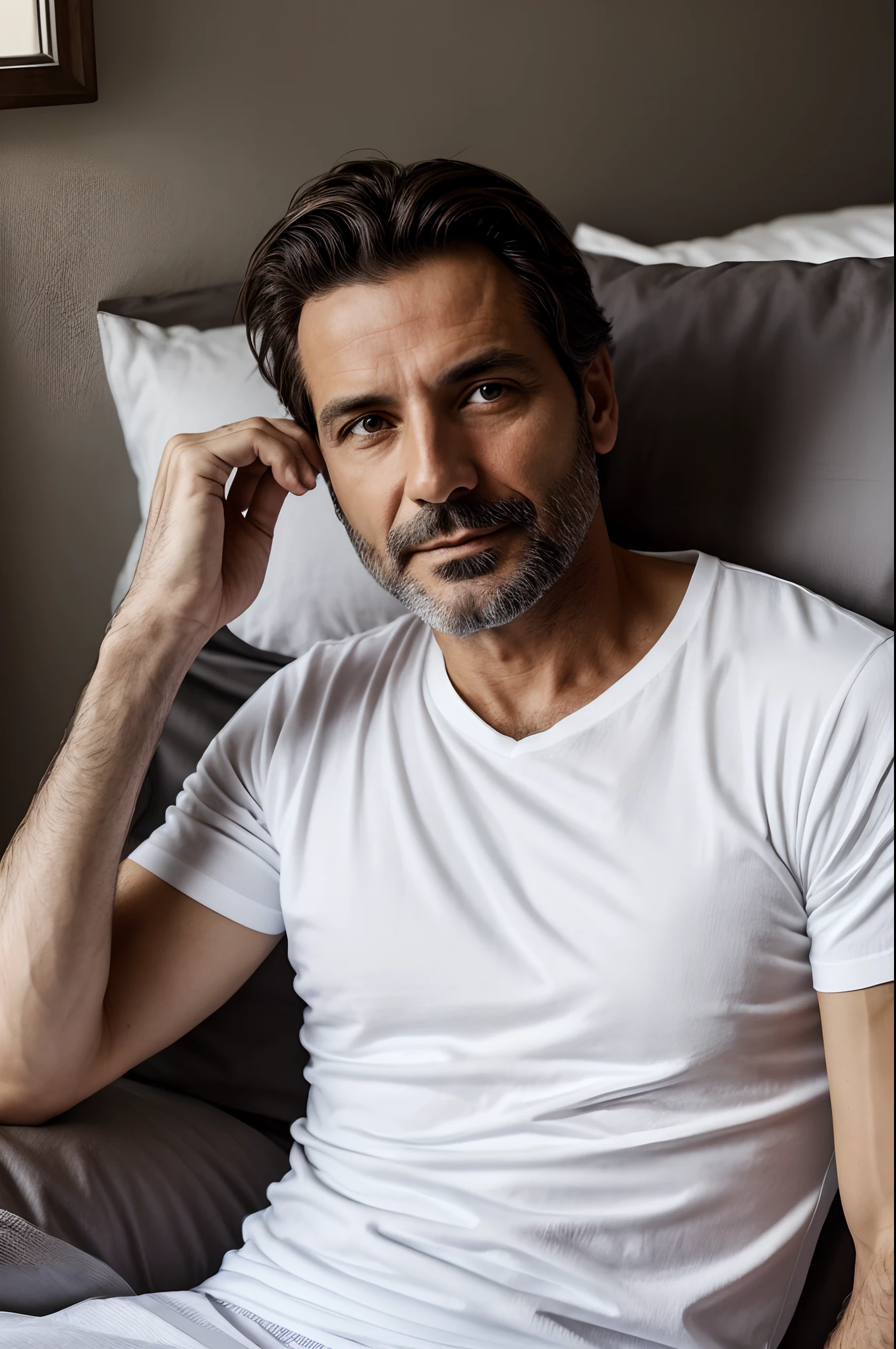 Ritratto di un uomo di 40 anni muscoloso, He wears a white T-shirt and just woke up, sfondo camera da letto, foto amatoriale