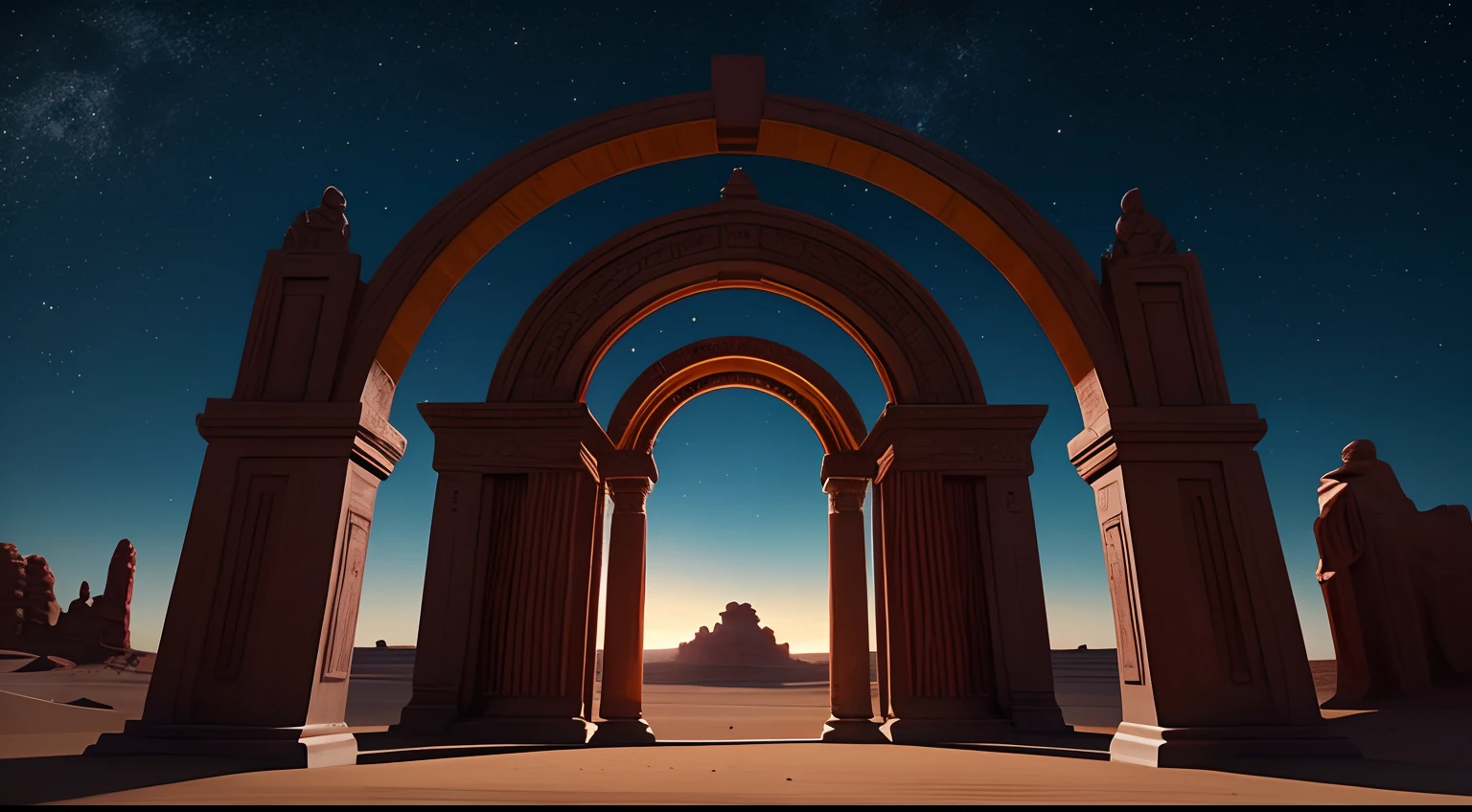 Landscape, terra arrasada, Terra Vermelha, dimensional gate, demonic energy, portal (objeto), giant arch with statues, particuls, deserto, Noite, Estrelas, Volumetric lighting, best quality, master part, Handpainted textures, detalhes intrincados, Realistic, WRCFT