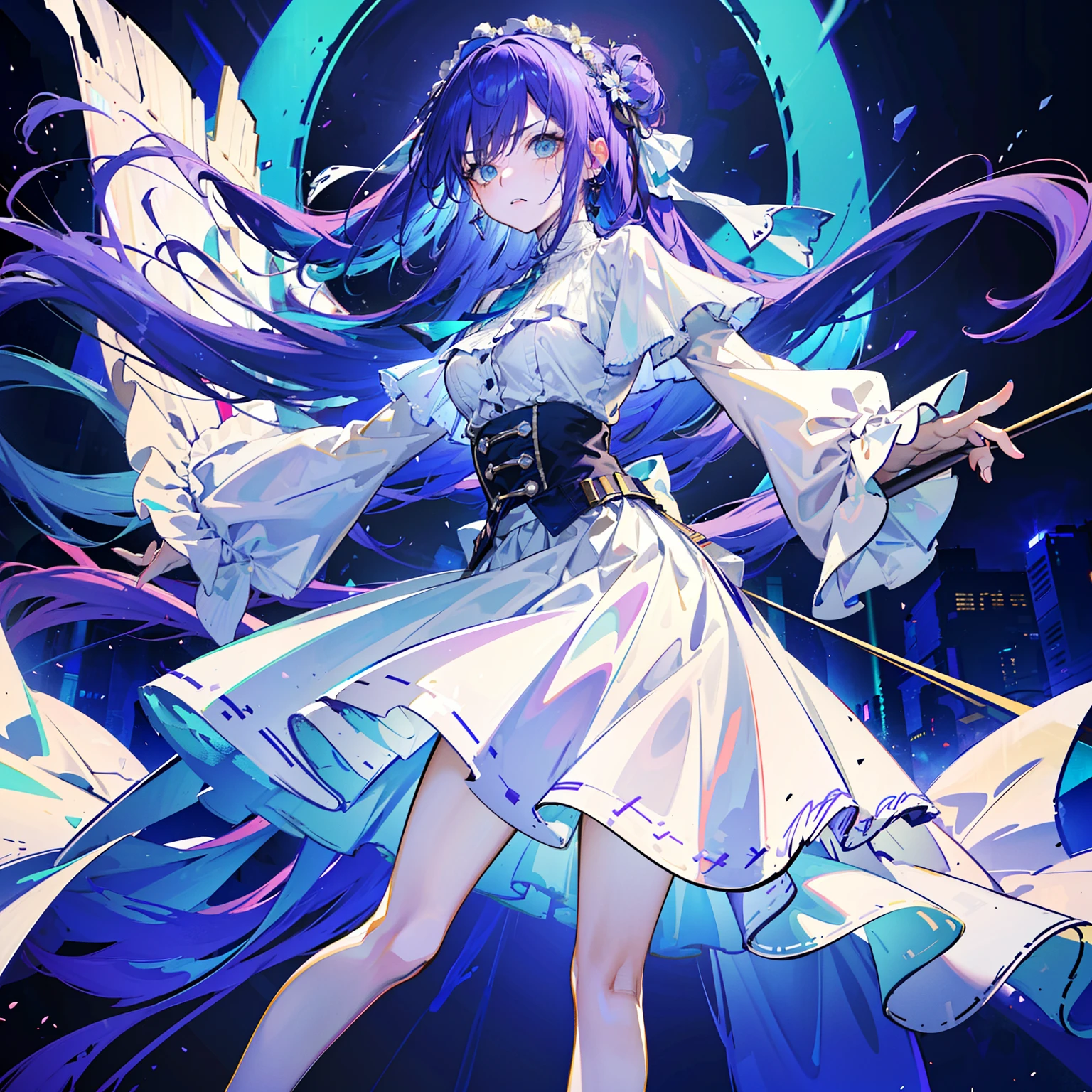 (Best quality,4K,A high resolution,Masterpiece:1.2),Ultra-detailed,The upper part of the body, purple hair, aqua eyes, Fierce expression，A vicious expression，Western-style skirt，Costume Western skirt，{{{small breast}}}，Light-colored skirt, standing on your feet, white skirt, long skirt, Gorgeous dress，simple background