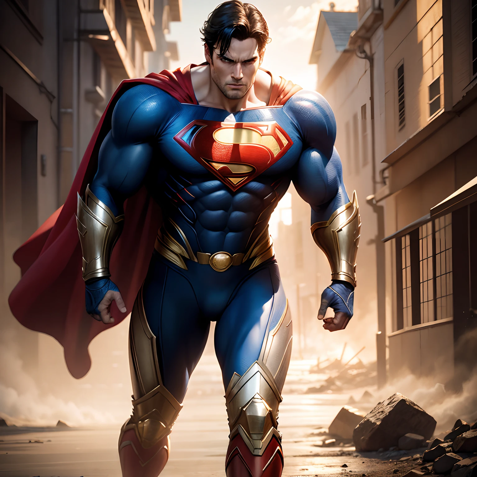 Superman warriors in realistic 4K armor, full entire body,Super Detailed, Vray Display, Unrealistic engine, Midjourney Art Style.