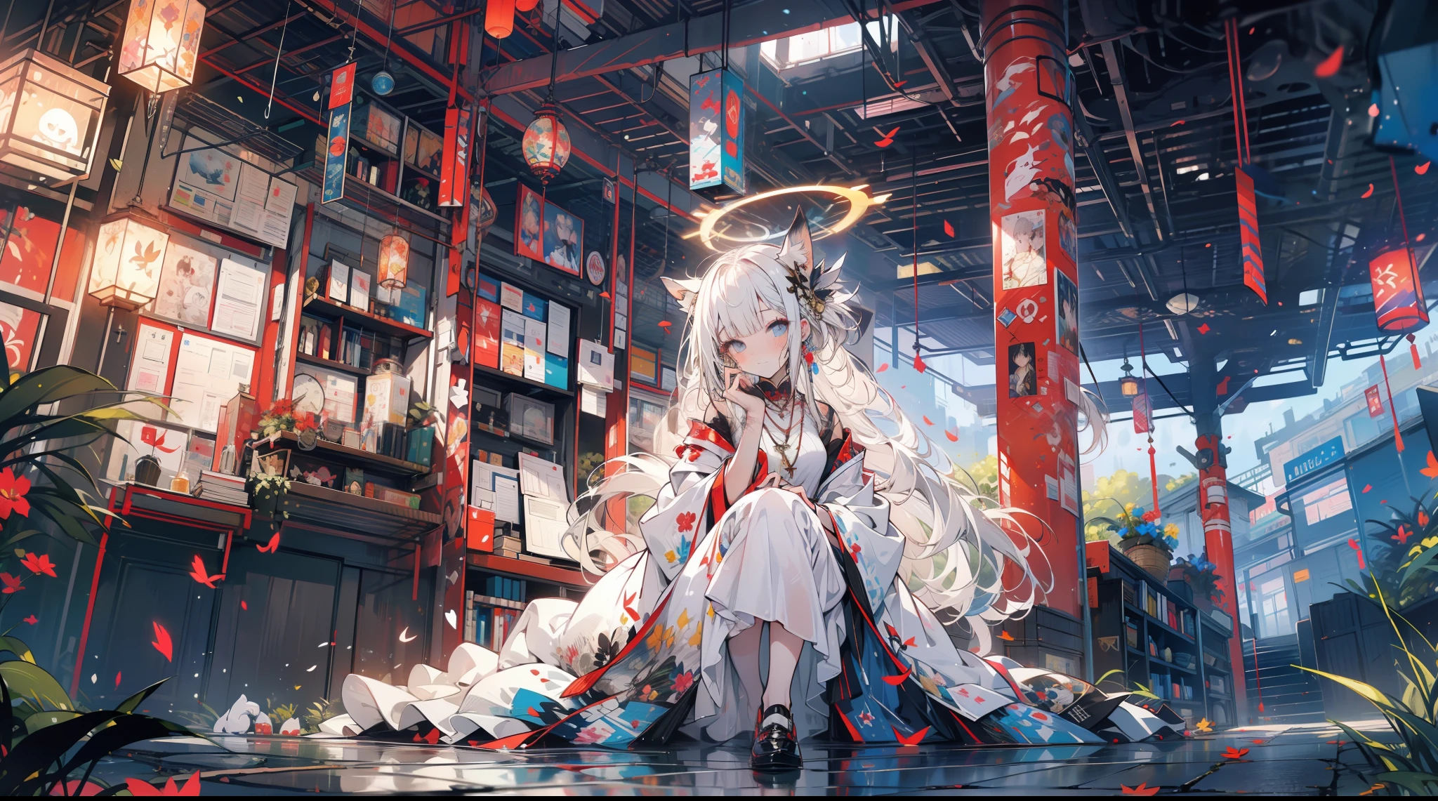 (((tmasterpiece))), (((best qualtiy)))), offcial art, the Extremely Detailed CG Unity 8K Wallpapers, ((sketching))), the night, Sateen, Beautiful detailed sky, beautiful detailed water, GameCG, hugefilesize, sketching, 独奏, girl,angelicales, long whitr hair, whaite hair, Wet hair, hair between eye, Hair behind the ears, white colored eyelashes, beatiful detailed eyes, expressionless eyes, yellow eyes, half closed eyes, shoe, The halo, cross necklace, looking-down, sitted, Hold your legs, blown hair, Feather ornaments, leaf hair ornament, ln the forest, by lake, ((flatchest))), (((White robe))), longer sleeves, bandagens, White eye patch, elvish ears, (((Golden wings))),fenghuang,Phoenix wings,holy rays