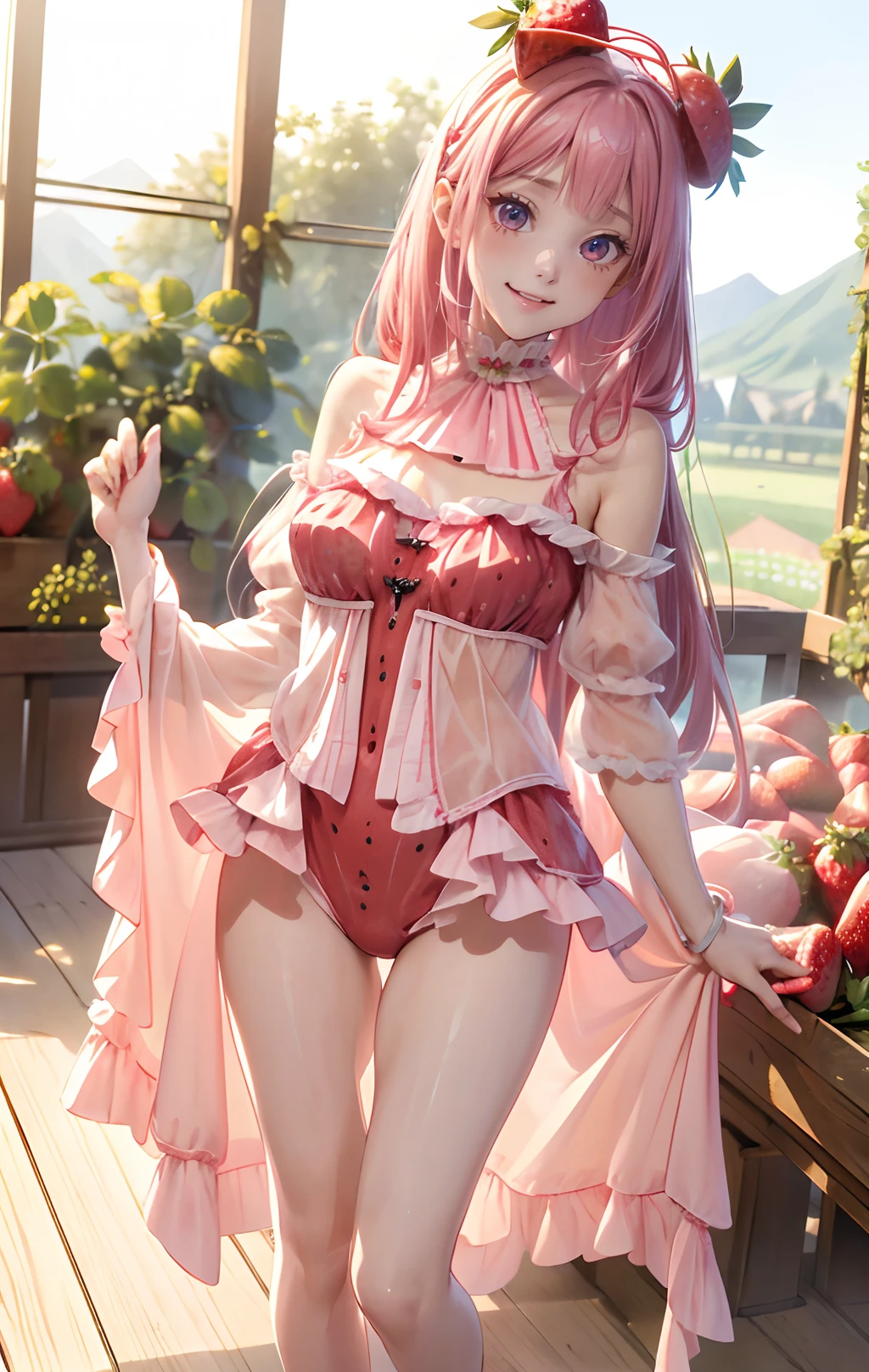 absurderes, ultra-detailliert,bright colour,(8K:1.5),masuter piece,extremely beautiful detailed face and eyes,(Strawberry farm:1.2)(Strawberry personification:1.3)、(tall:1.1),(legs are long like a model:1.1),Valley、Pink skin、Pink hair,Summer morning、Scenery of Ghibli,(A smile),(Full body:1.1)