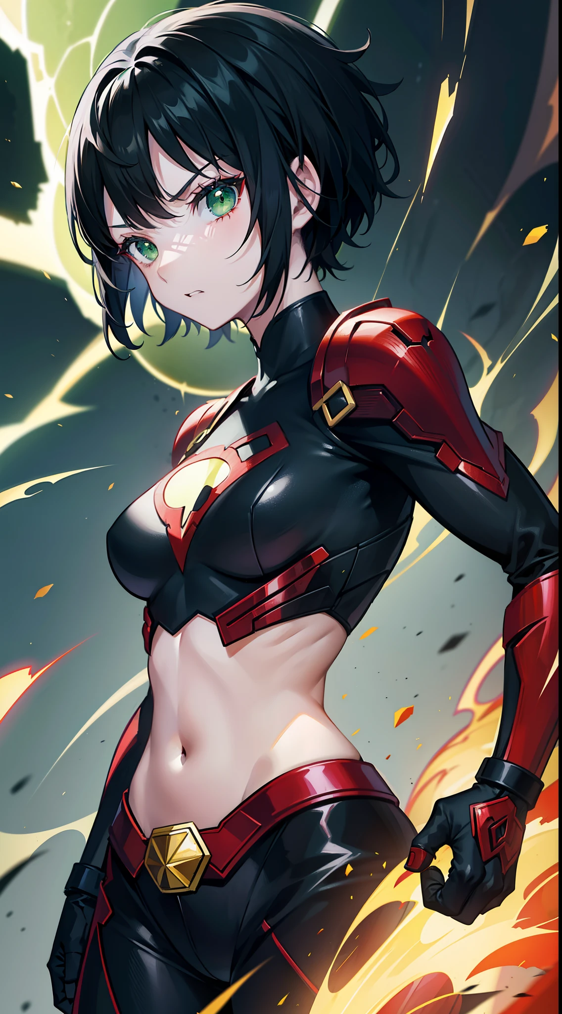 young girl, short black hair, green eyes, angry, superhero, Spawn, hell, hiquality, 4k, HD, Good detail