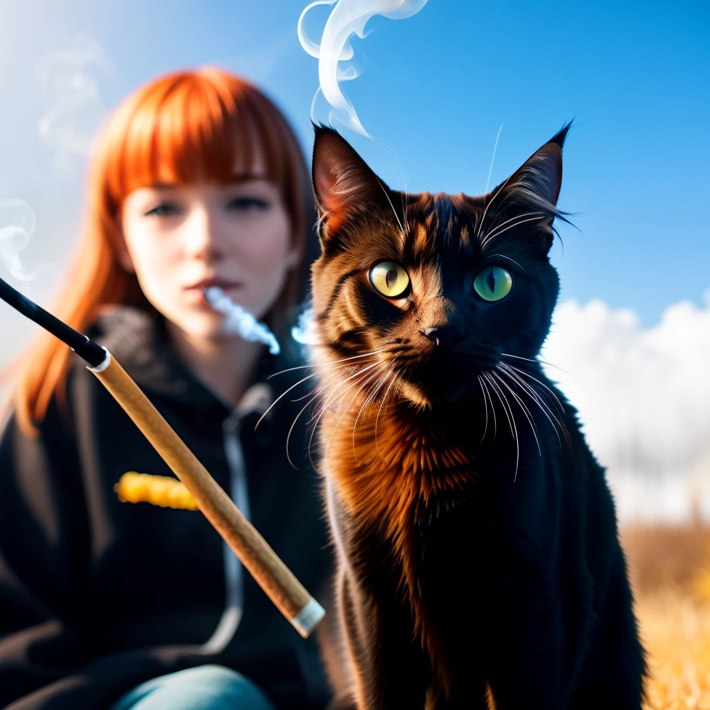 Smoking with a ginger and black cat
