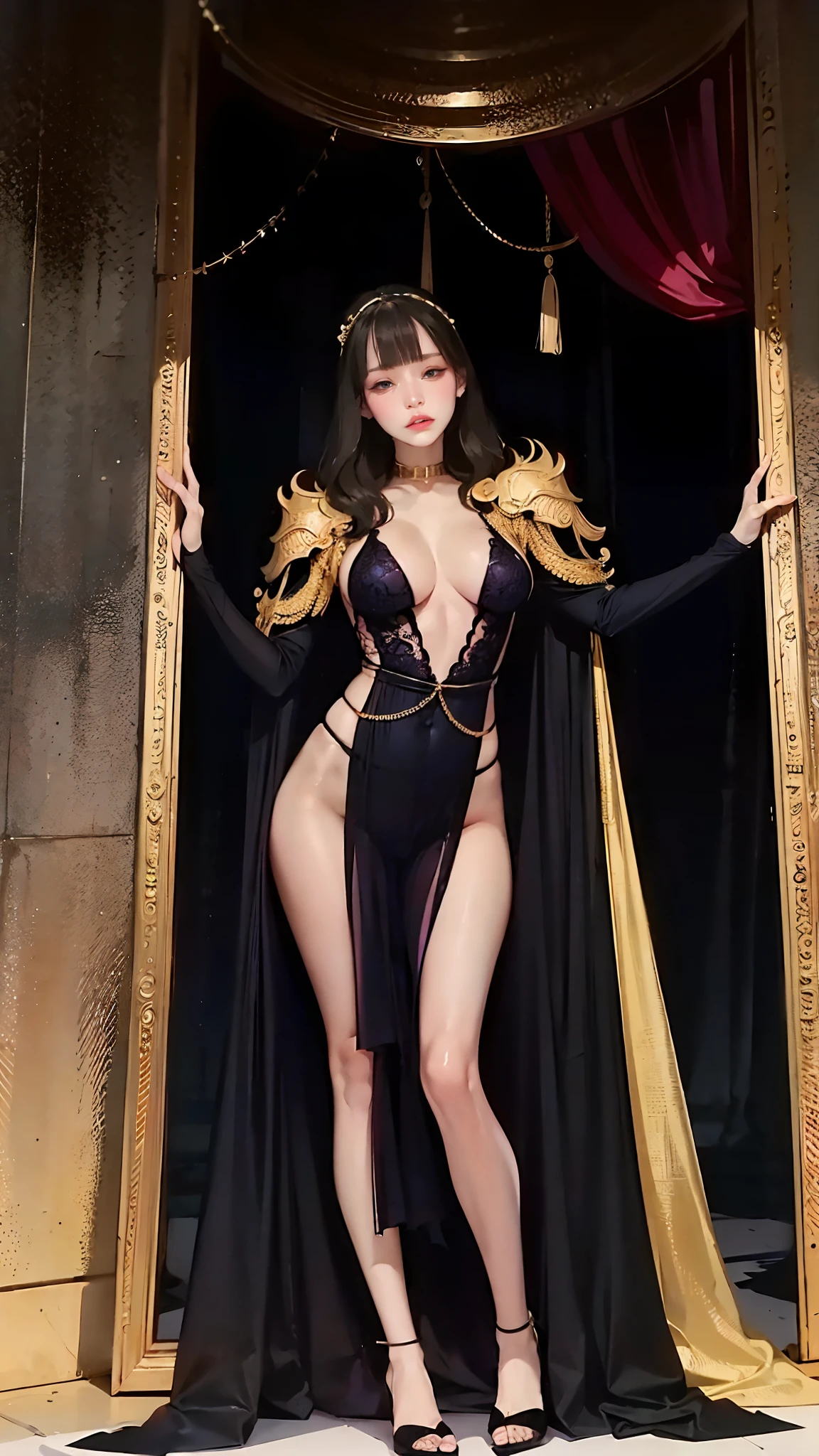 1 girl, ((full body, pelvic_curtain, haute couture, plunge neck, long sleeves, armor, pauldron, sapphire, black, gold, collar, blunt bangs)), gigantic breasts, wavy long black hair, blue eyes, (intricately detailed, masterpiece, best quality, looking at viewer)