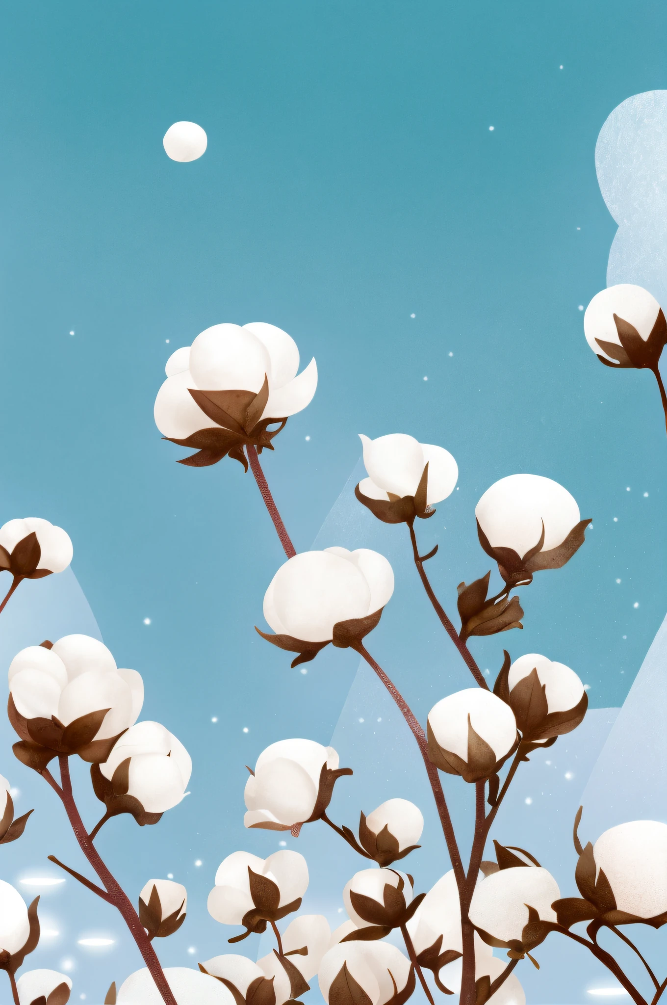 there is a picture of a plant with white flowers in the sky, cotton, lots of white cotton, illustration!, lots of cotton plants, digital illustration, cotton clouds, a beautiful artwork illustration, illustartion, inspired by Koson Ohara, illustrations, stylized digital illustration, illutstration, digital illustation, wallpaper!, full color digital illustration, dreamy illustration