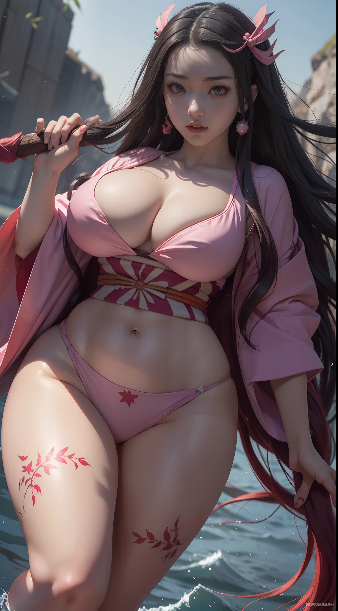 ultra realistic photo of Nezuko kamado goddess of beauty, 8k, UHD, hottie with ultra giant breasts, huge long breasts sticking out of her kimono, with long hair and a sexy pink Japanese kimono, she doesn't wear panties showing her pussy, hair pubic bones showing, Nezuko with a piece of bamboo, (Nezuko, Nezuko-chan, Demon Slayer art style, kimetsu no yaiba), Hentai female anime character, (Nezuko, in her demon form, Huge breasts, giant long breasts, her breasts come out of her kimono, showing beautiful breasts), the length of her ultra-giant breasts goes all the way to her toned belly, she has leaf tattoos running down her sexy erotic body, Demon Slayer rui fanart, wielding kunai, Marin Kitagawa Fanart, art by clean and detailed anime, a very beautiful berserker woman, by Kamagurka, professional art, perfect detail, (Nezuko kamado in her demonic form based on the demon Slayer kimetsu no yaiba)