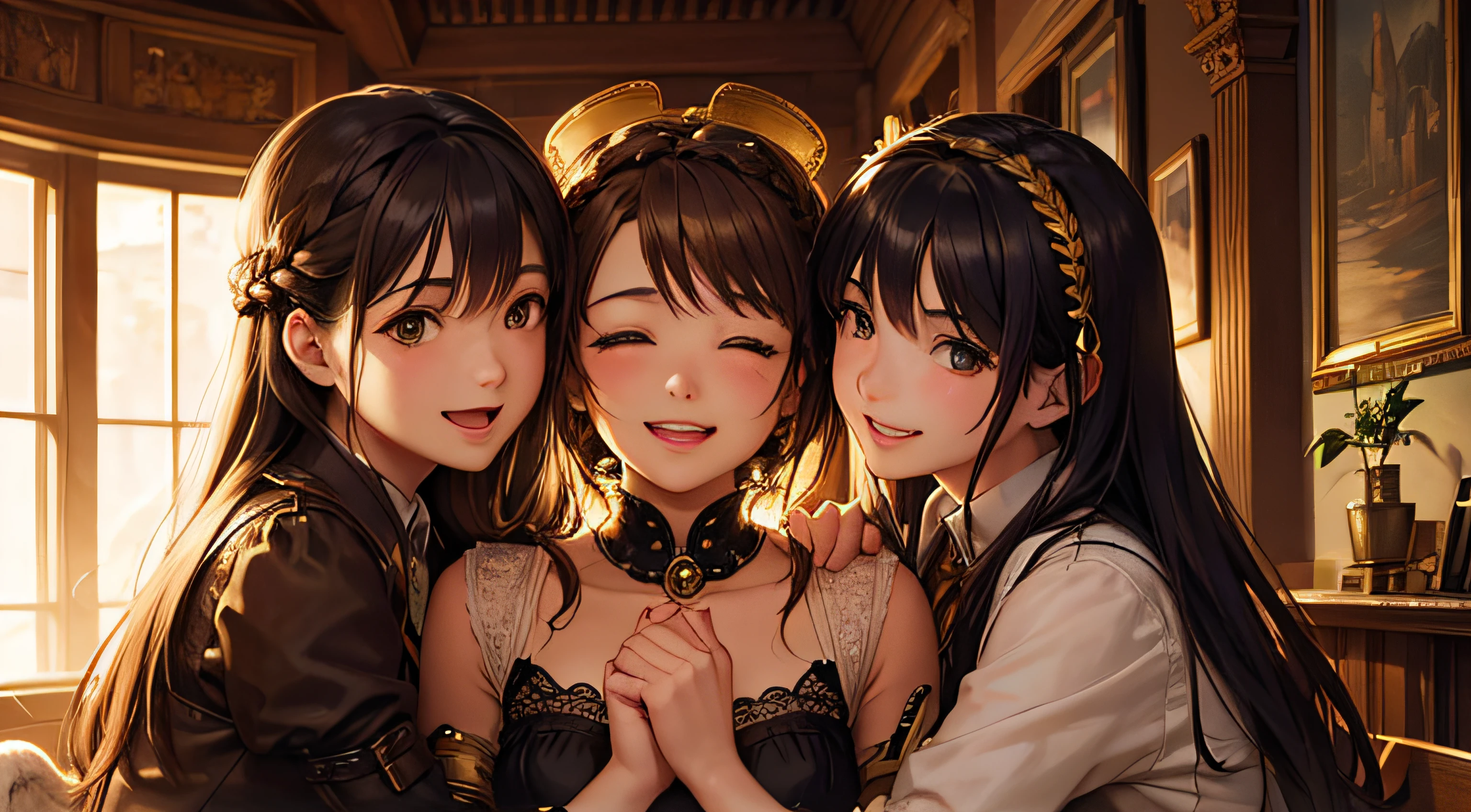 three girls hugging and laughing, steampunk, cafe, masterpiece, ultra detail, angelic lighting, braided hair, golden halos