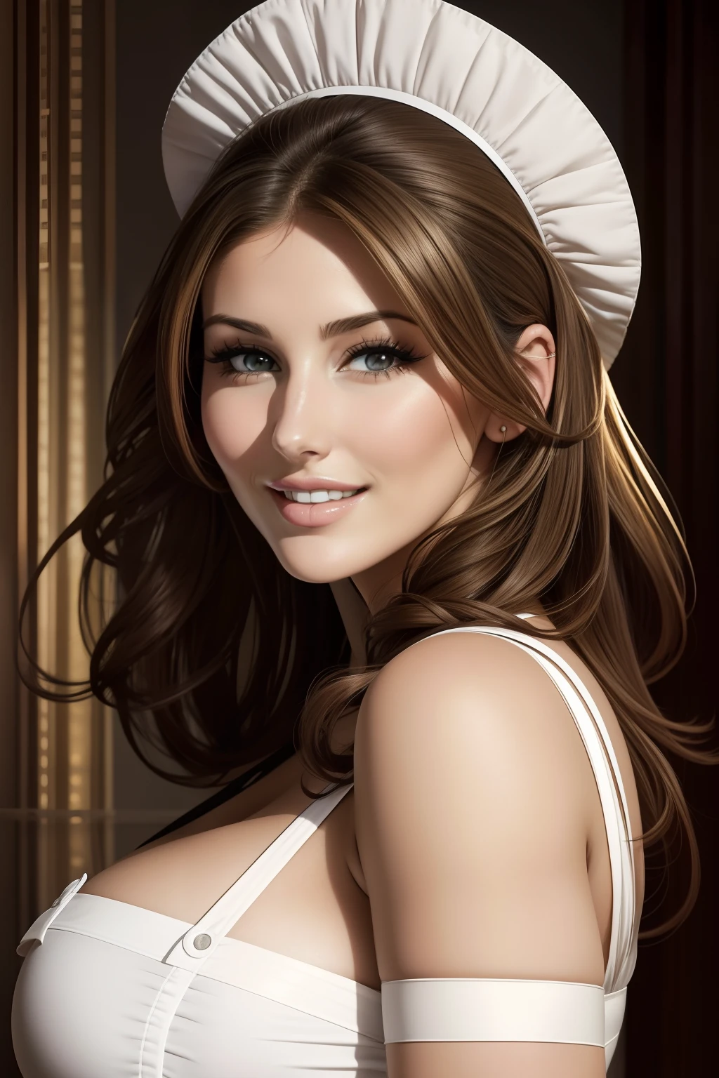 lucy pinder, face portrait, smiling, maid, sexy