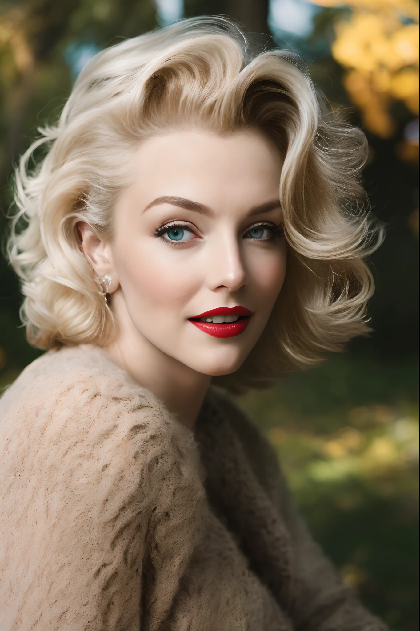 Marilyn Monroe wearing sweater, portrait, beautiful face, pretty eyes, outside, portrait, park, trees, teeth, eyes open, ward winning photo, best quality, upper body, JenniferConnelly, nikon d850 film stock photograph 4 kodak 400 camera f1.6 lens rich colors hyper realistic lifelike texture natural lighting trending on artstation cinestill 800, (100mm lens)