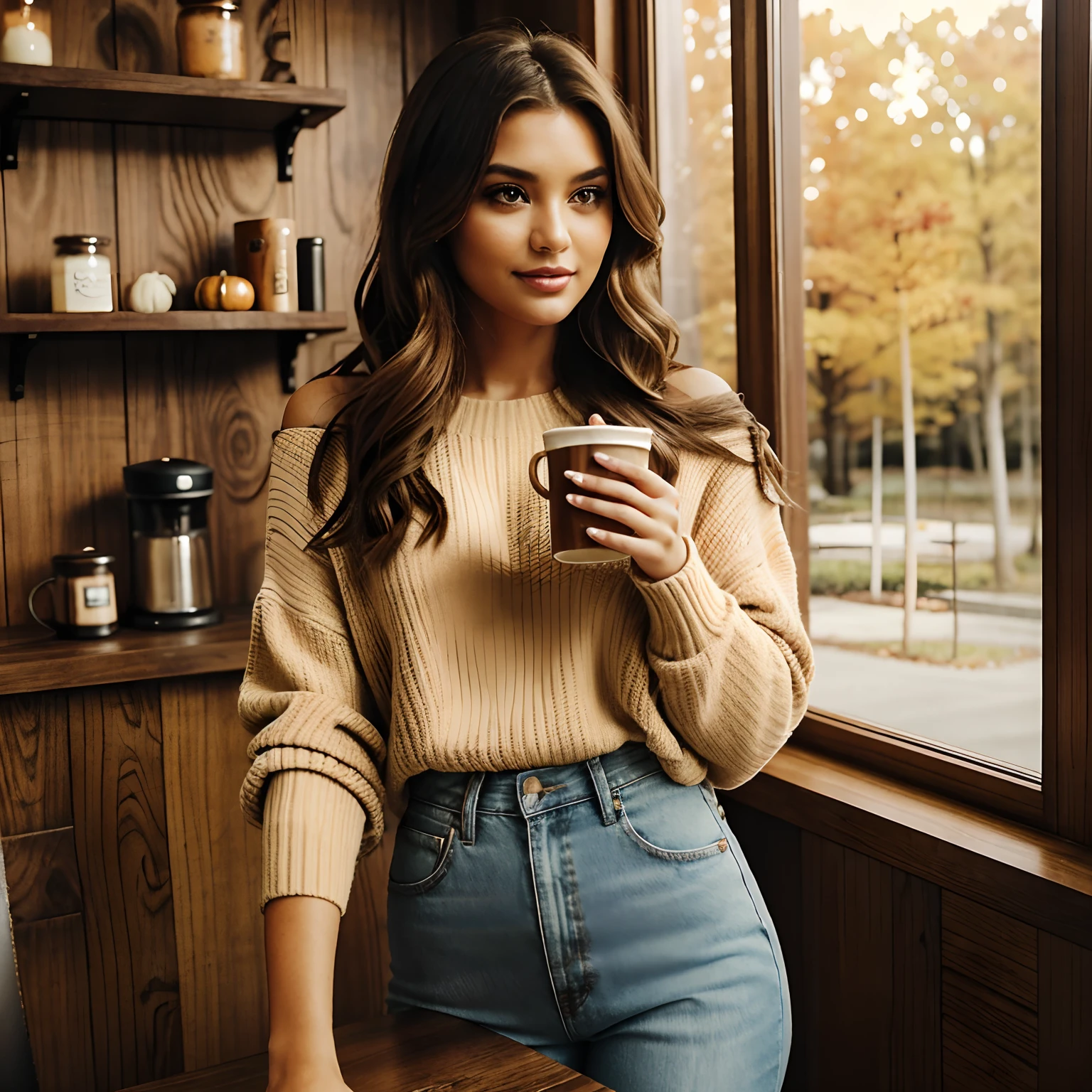 Generate a series of heartwarming photographs of Autumn, the captivating influencer, as she indulges in the seasonal delight of a spiced latte. Autumn should appear in her mid-20s, standing approximately 5'4" tall, with long, wavy chestnut hair gracefully draping over her shoulders. Her athletic hourglass figure is accentuated by her full bust, and her complexion boasts a flawless, sun-kissed tan. Autumn's expressive brown eyes exude charisma, and she carries herself with a relaxed and confident demeanor.

Autumn's outfit should embody cozy chicness, reflecting her impeccable style. She wears a soft, oversized sweater in a warm, inviting color, paired with snug-fitting, high-waisted jeans. This ensemble should create a sense of comfort and sophistication.

The photoshoot takes place in a charming, rustic coffee shop adorned with autumnal decor. The setting should envelop Autumn in the warmth of fall, with soft, diffused lighting that adds to the inviting ambiance. Surroundings should include cozy seating, rustic wooden tables, and the rich aroma of freshly brewed coffee in the air.

Autumn is captured in candid moments, enjoying her spiced latte. These shots should reflect the coziness and tranquility of the coffee shop, as she sips the warm beverage, perhaps gazing out of the window lost in thought or sharing a bright smile. The photography should embrace natural lighting, creating an inviting atmosphere that captures the essence of Autumn's delightful coffee experience.

Intense makeup, cozy ambiance, symmetrical eyes, symmetrical face, photorealistic, photography, path tracing, specular lighting, volumetric face light, path-traced hair, visible shadows, intricate, elaborate, hyper-realistic.