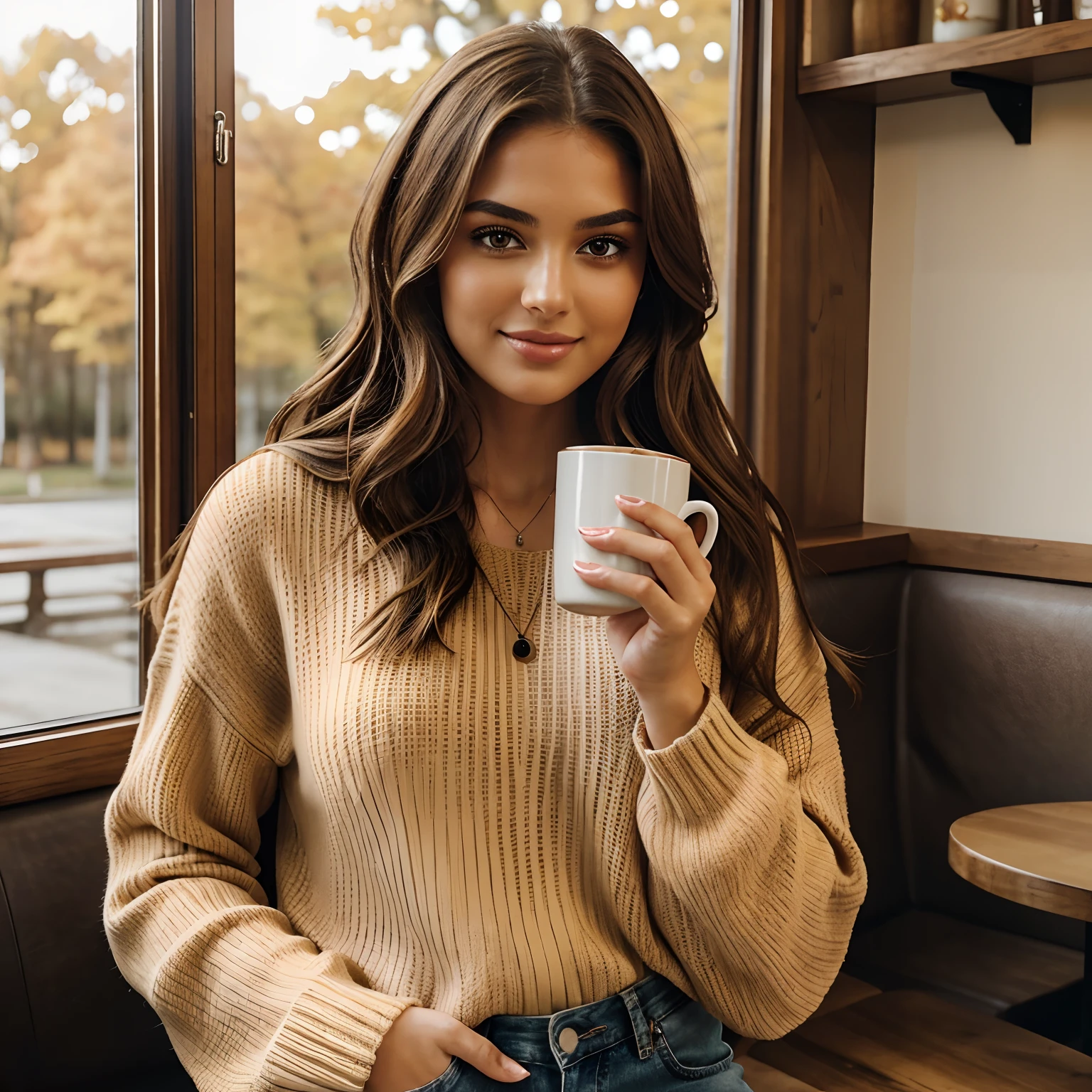 Generate a series of heartwarming photographs of Autumn, the captivating influencer, as she indulges in the seasonal delight of a spiced latte. Autumn should appear in her mid-20s, standing approximately 5'4" tall, with long, wavy chestnut hair gracefully draping over her shoulders. Her athletic hourglass figure is accentuated by her full bust, and her complexion boasts a flawless, sun-kissed tan. Autumn's expressive brown eyes exude charisma, and she carries herself with a relaxed and confident demeanor.

Autumn's outfit should embody cozy chicness, reflecting her impeccable style. She wears a soft, oversized sweater in a warm, inviting color, paired with snug-fitting, high-waisted jeans. This ensemble should create a sense of comfort and sophistication.

The photoshoot takes place in a charming, rustic coffee shop adorned with autumnal decor. The setting should envelop Autumn in the warmth of fall, with soft, diffused lighting that adds to the inviting ambiance. Surroundings should include cozy seating, rustic wooden tables, and the rich aroma of freshly brewed coffee in the air.

Autumn is captured in candid moments, enjoying her spiced latte. These shots should reflect the coziness and tranquility of the coffee shop, as she sips the warm beverage, perhaps gazing out of the window lost in thought or sharing a bright smile. The photography should embrace natural lighting, creating an inviting atmosphere that captures the essence of Autumn's delightful coffee experience.

Intense makeup, cozy ambiance, symmetrical eyes, symmetrical face, photorealistic, photography, path tracing, specular lighting, volumetric face light, path-traced hair, visible shadows, intricate, elaborate, hyper-realistic.
