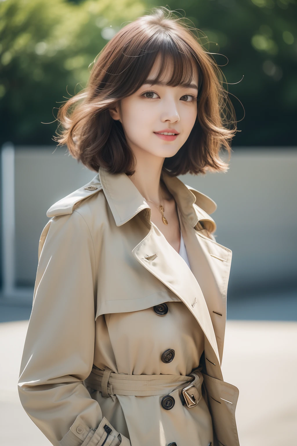 (8k RAW photo, Best Quality), ((masutepiece)), 超A high resolution, Film grain, filmg,( 20yr old, Slender face, 1girl in, long eyelashes, Eye Highlights), Natural Skin Texture, A perfectly proportioned face, realistic eyes and face details, lip stick, (makeup), Red eyeshadow, Perm Hair, Fluffy short hair, hair messy, Smile, closes mouth, Beautiful legs, Tall lady, skinny, slim_Legs, Solo, huge-breasted, Ass,(Natural places), (Detailed background), ((Trench coat with open front,White inner shirt)), huge-breasted, Blurry background, Blurry, Brown hair, Bangs, a necklace, Parted lips, depth of fields